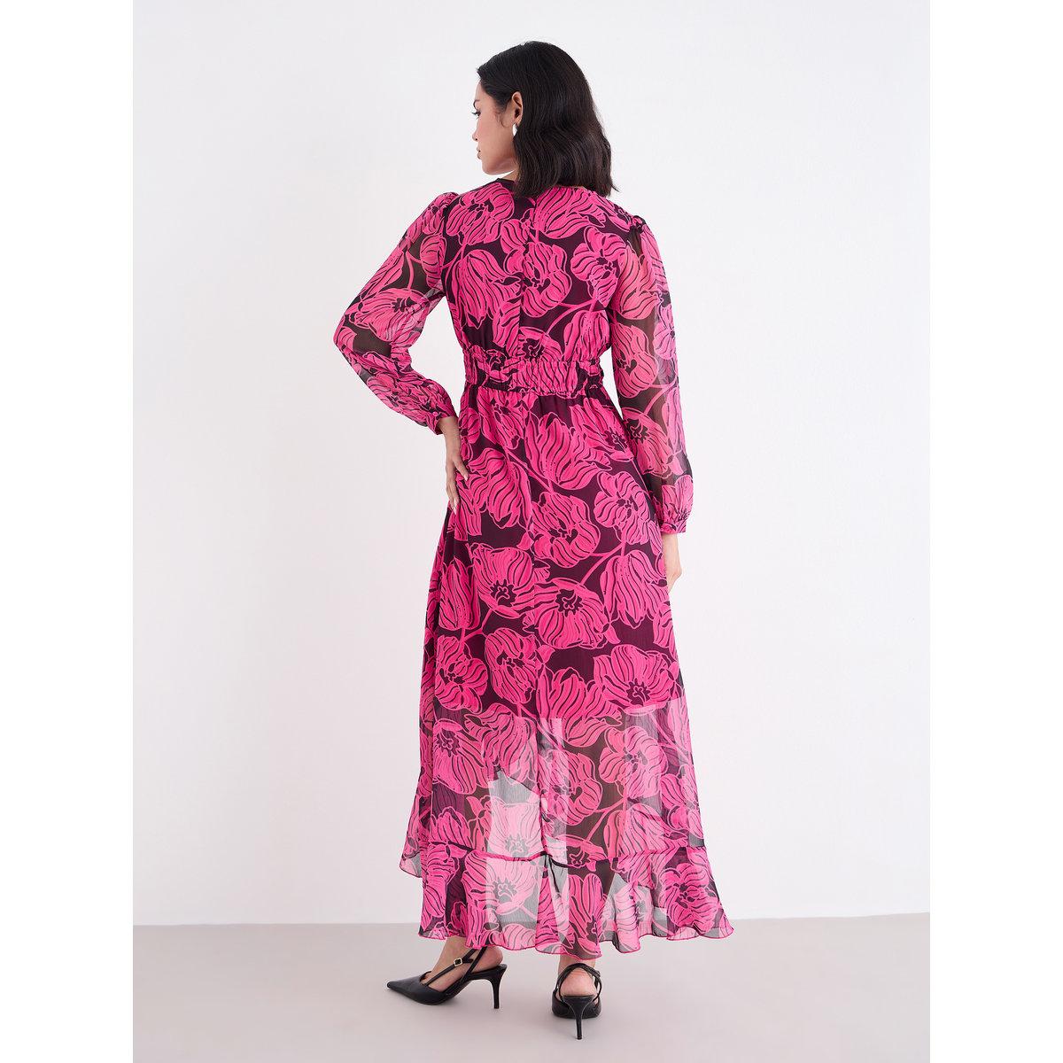 Styli Dark Pink Floral Maxi Dress with Ruffle Edge-women-clothing-dresses-image-5