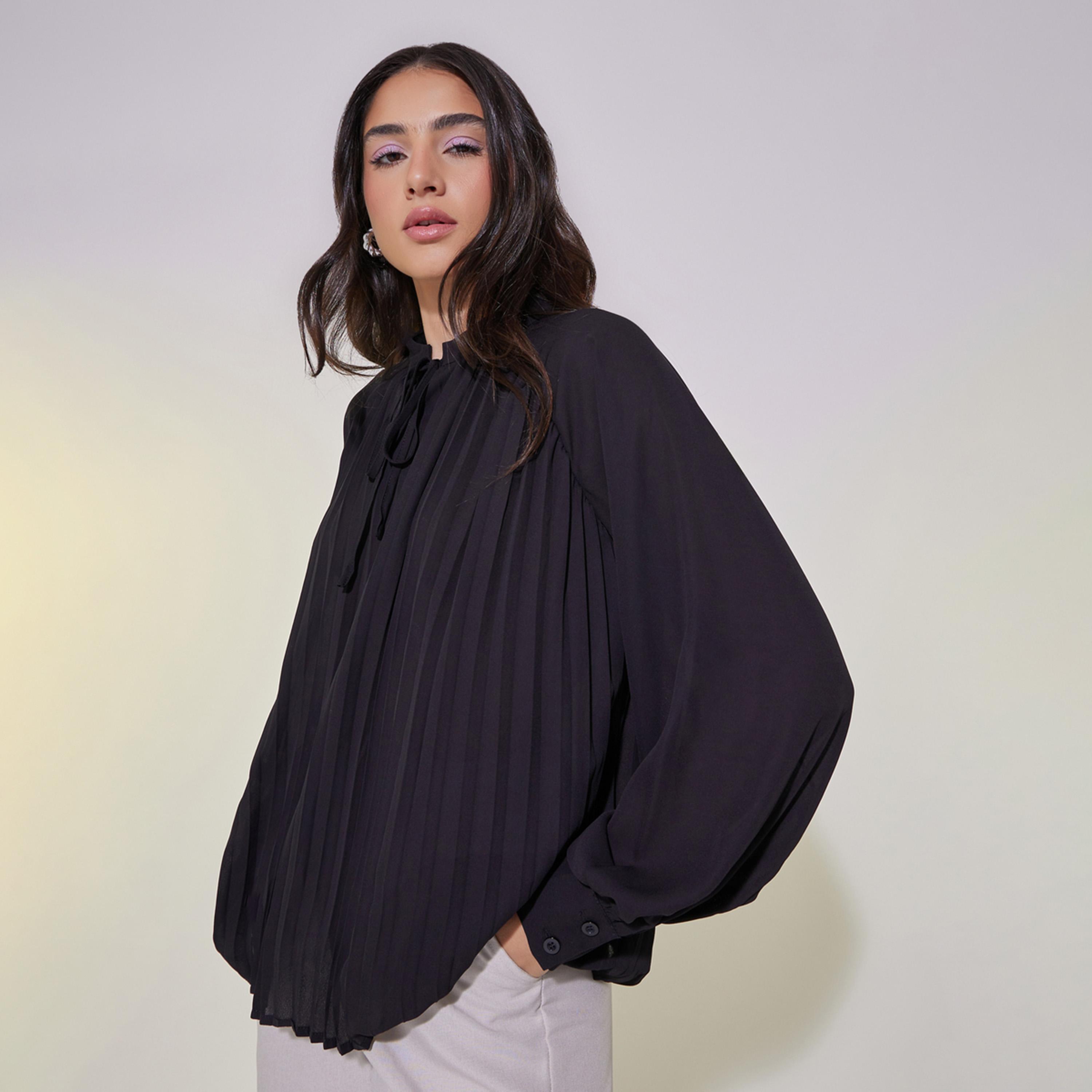 Styli Pleated Balloon Sleeves Blouse With Tie-Up Neck Detail-women-clothing-shirtsandblouses-blouses-image-1