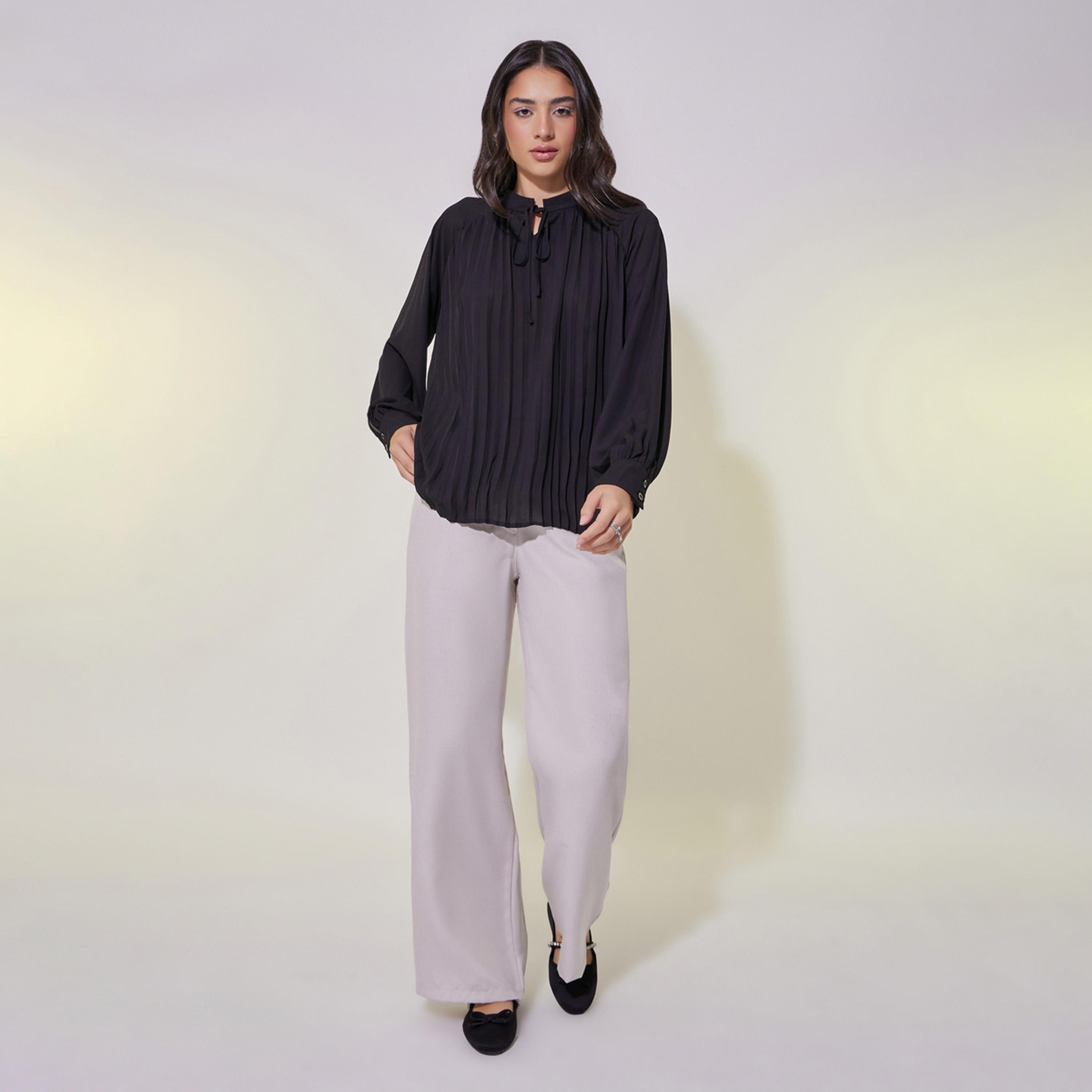 ستايلي - بلوزة بأكمام منفوخة مطوية مع رباط رقبة-women-clothing-shirtsandblouses-blouses-image-2
