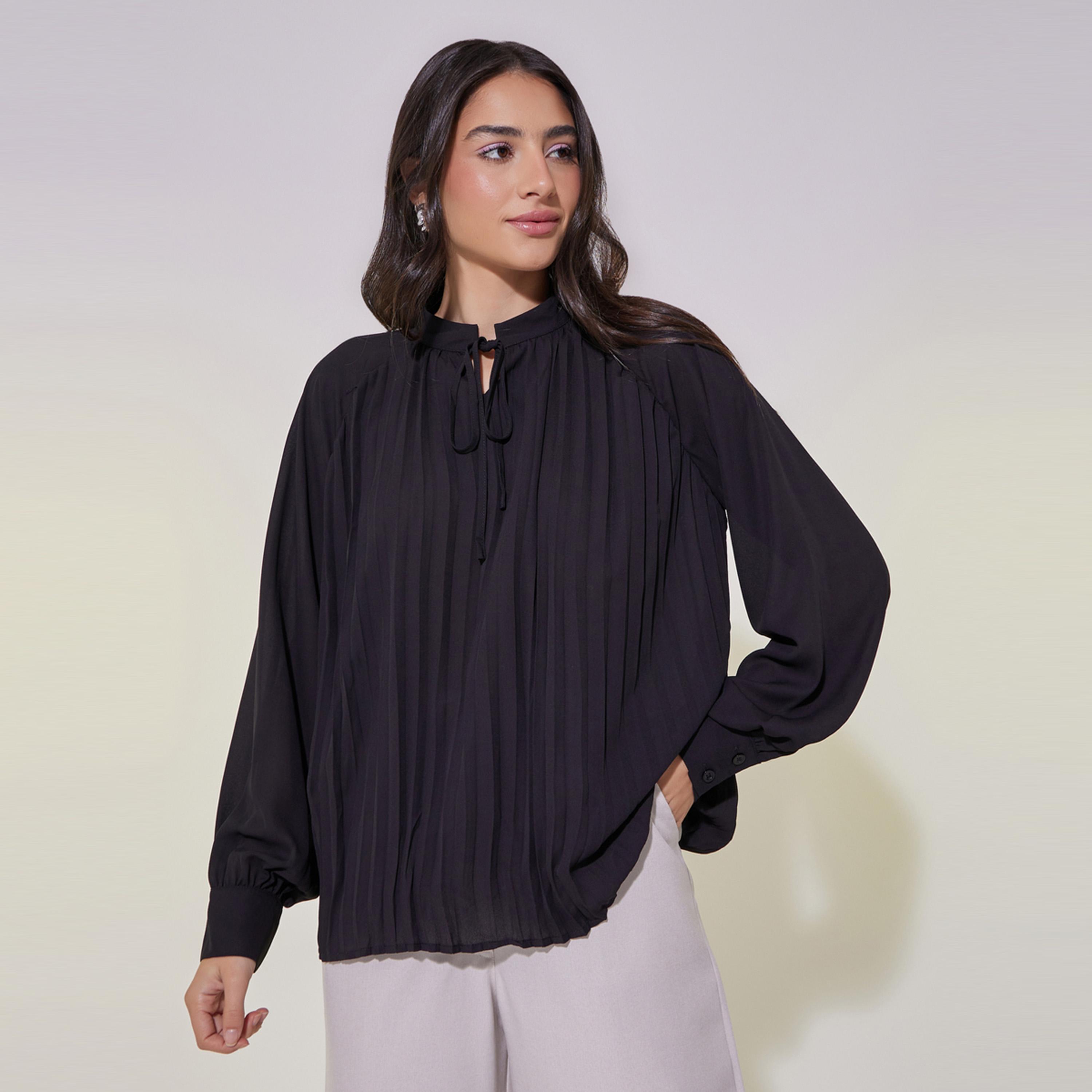 ستايلي - بلوزة بأكمام منفوخة مطوية مع رباط رقبة-women-clothing-shirtsandblouses-blouses-image-3