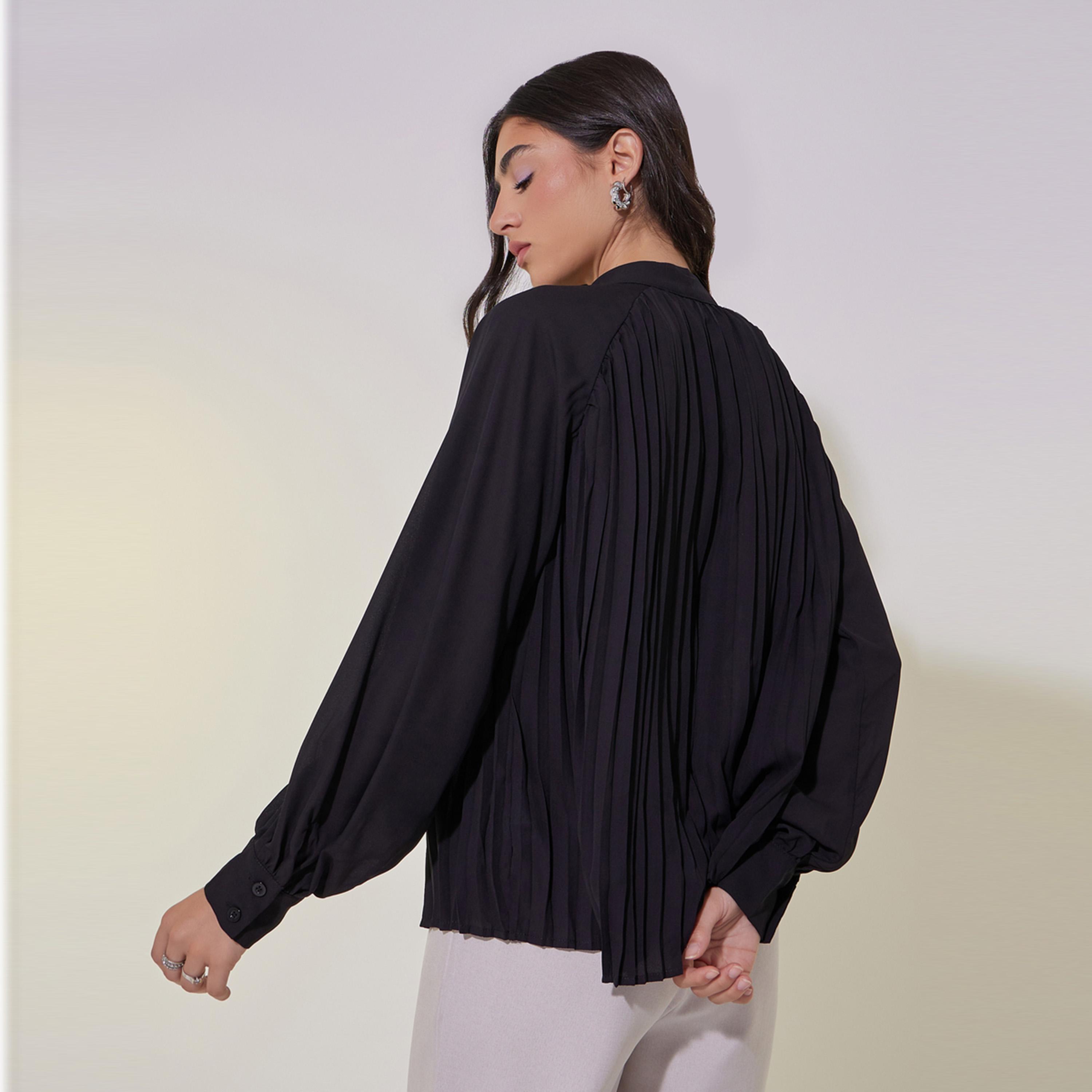 Styli Pleated Balloon Sleeves Blouse With Tie-Up Neck Detail-women-clothing-shirtsandblouses-blouses-image-5