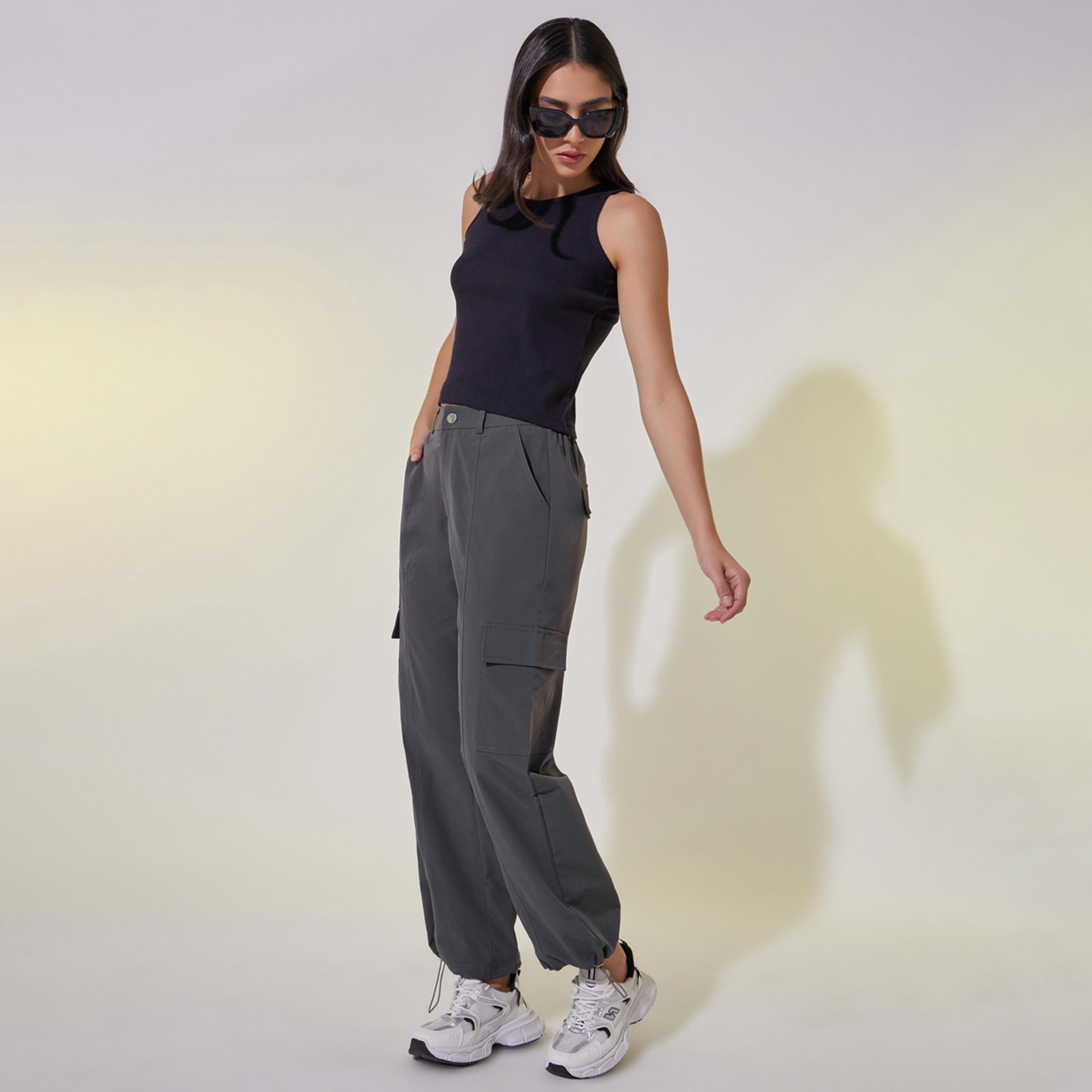 Styli Solid Straight Leg Drawstring Hem Cargo Pants-women-clothing-bottoms-trousers-image-1