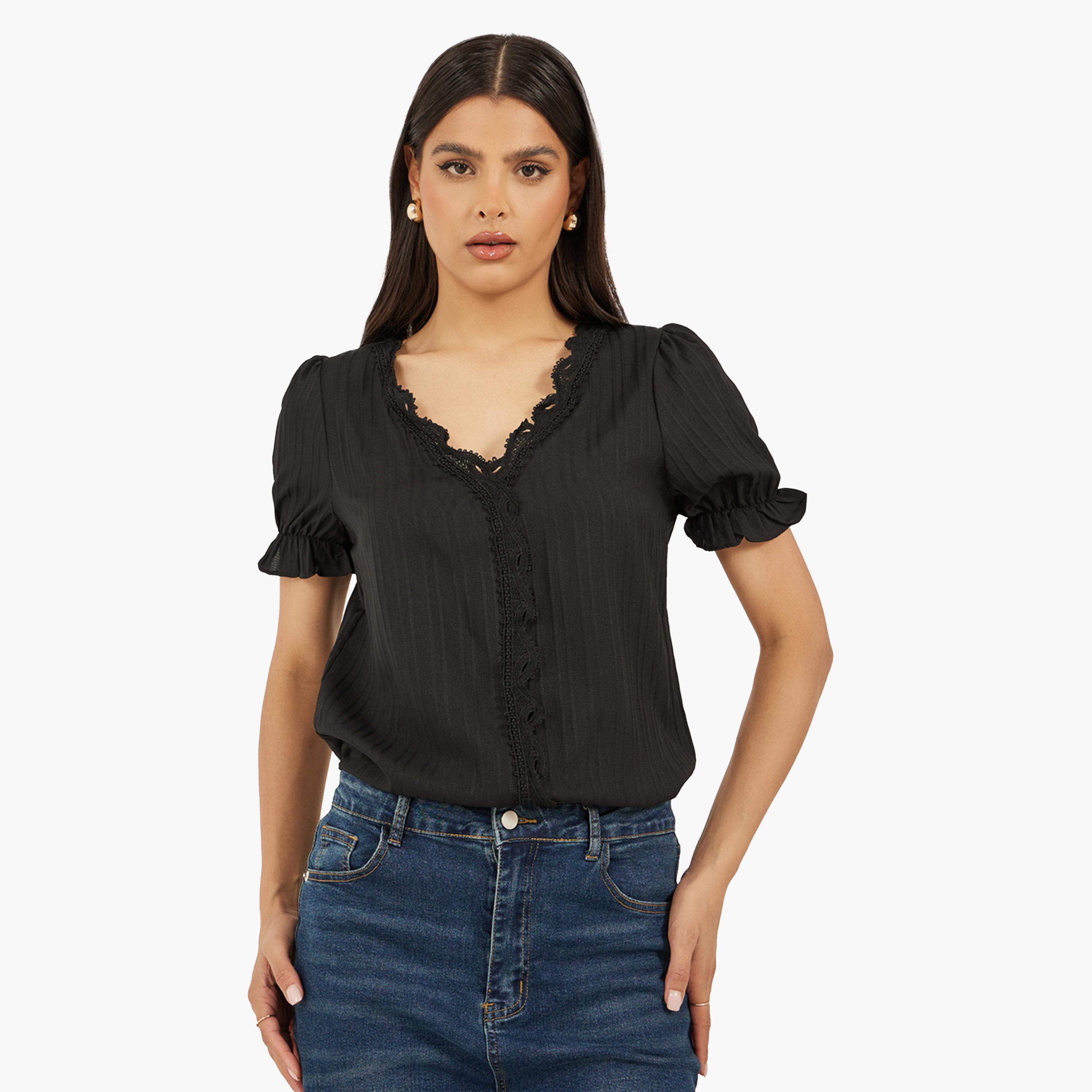 Styli Black Solid V-Neck Lace Top-women-clothing-shirtsandblouses-blouses-image-1