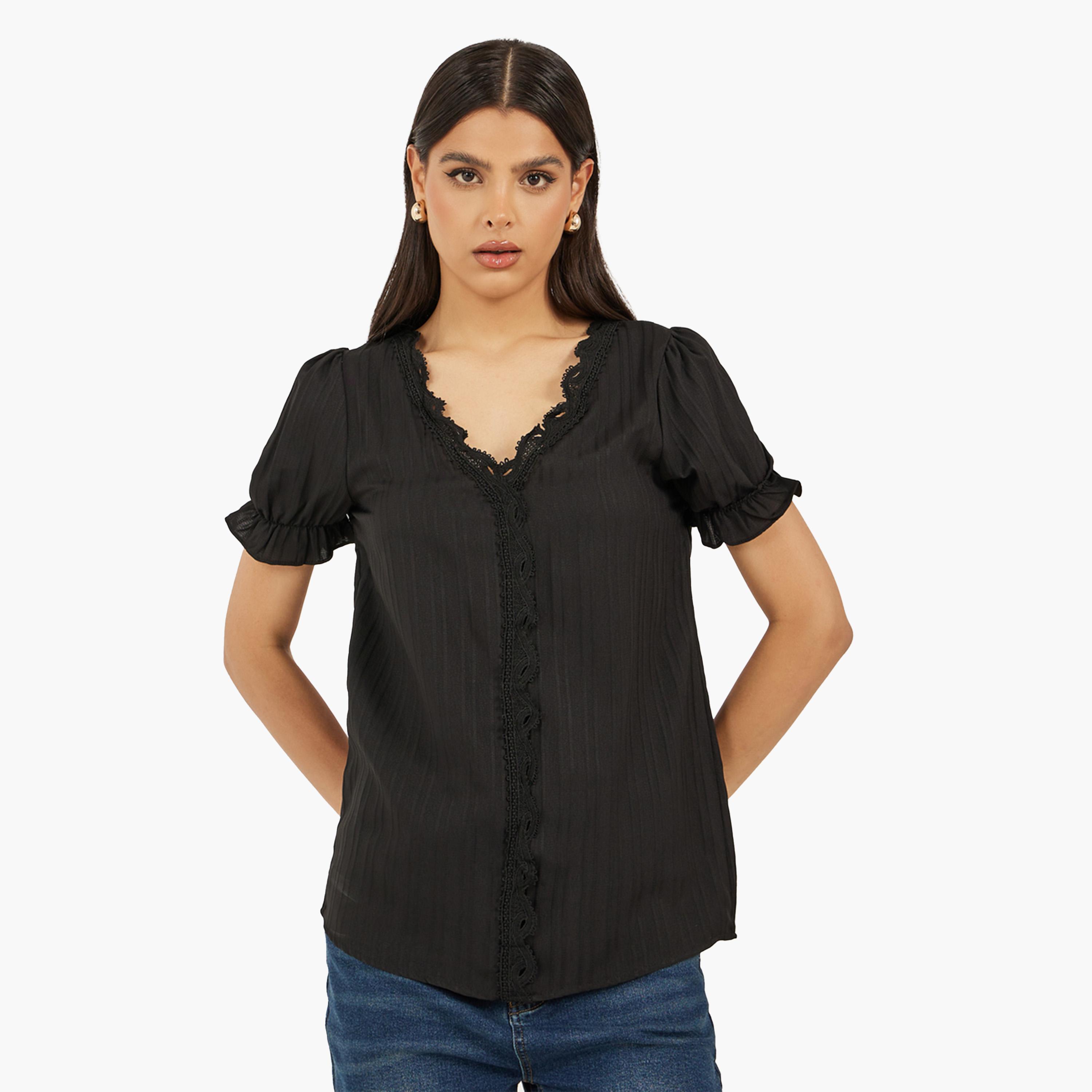Styli Black Solid V-Neck Lace Top-women-clothing-shirtsandblouses-blouses-image-2