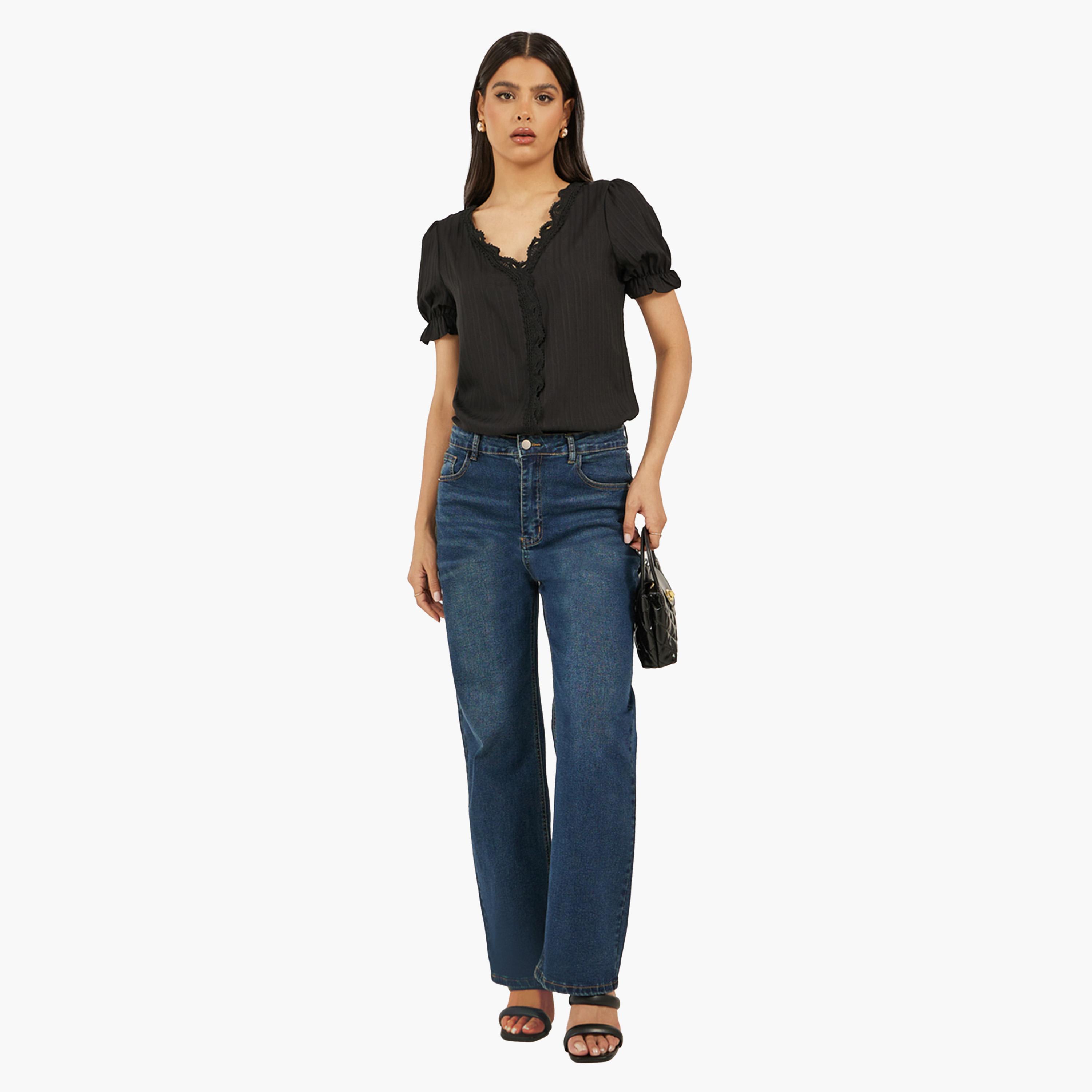 Styli Black Solid V-Neck Lace Top-women-clothing-shirtsandblouses-blouses-image-3