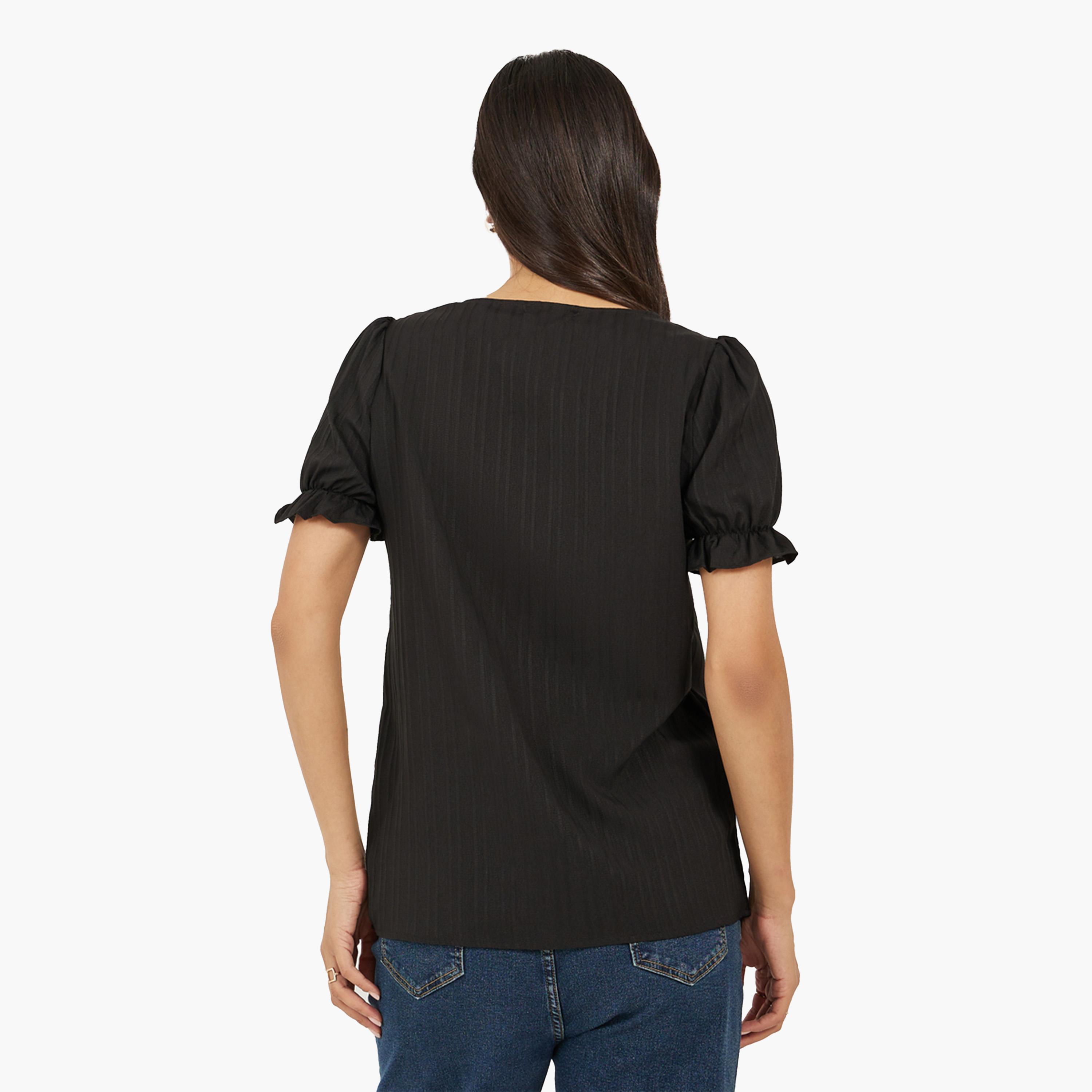 Styli Black Solid V-Neck Lace Top-women-clothing-shirtsandblouses-blouses-image-5