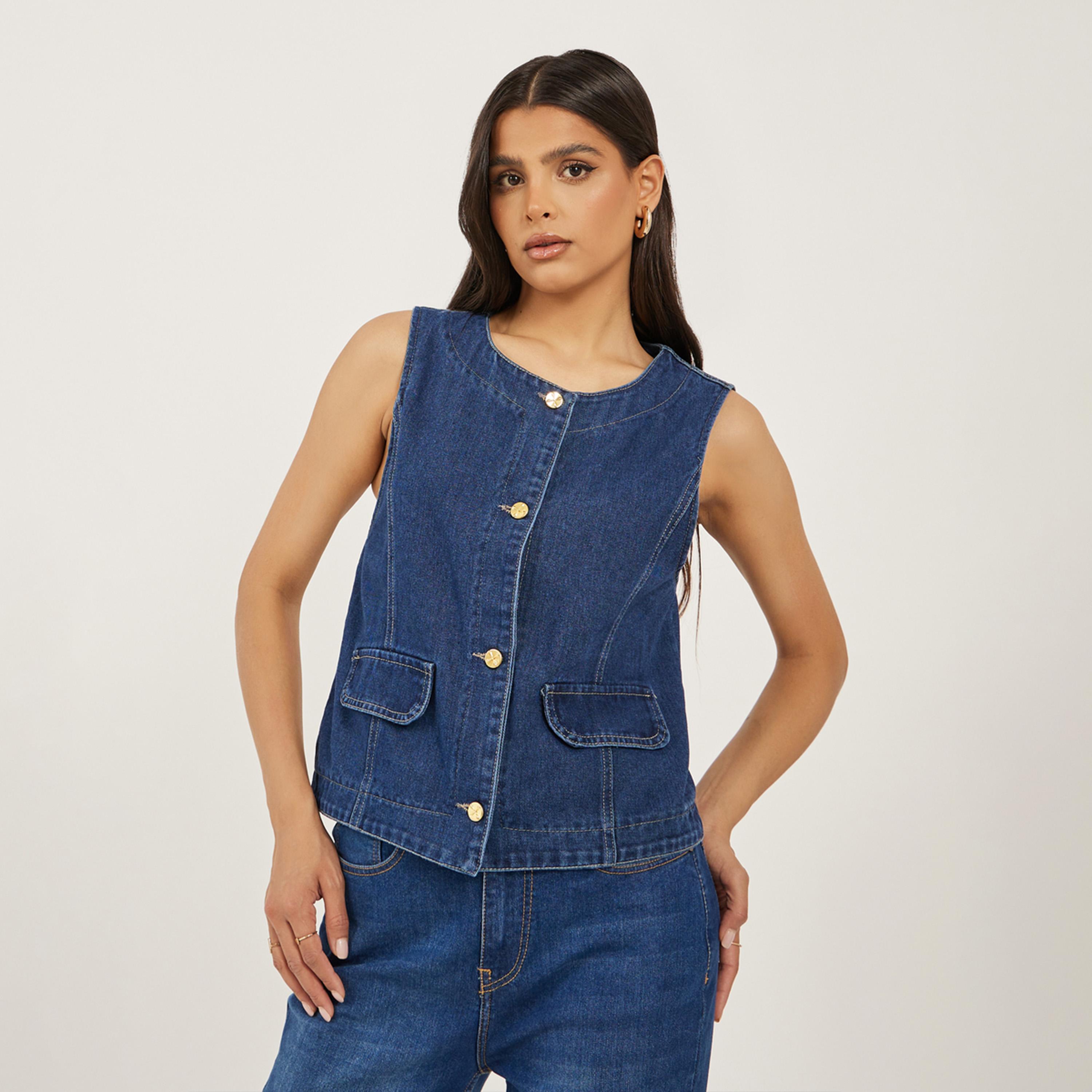 Styli Denim Waistcoat with Pocket Detail-women-clothing-coatsandjackets-waistcoats-image-1
