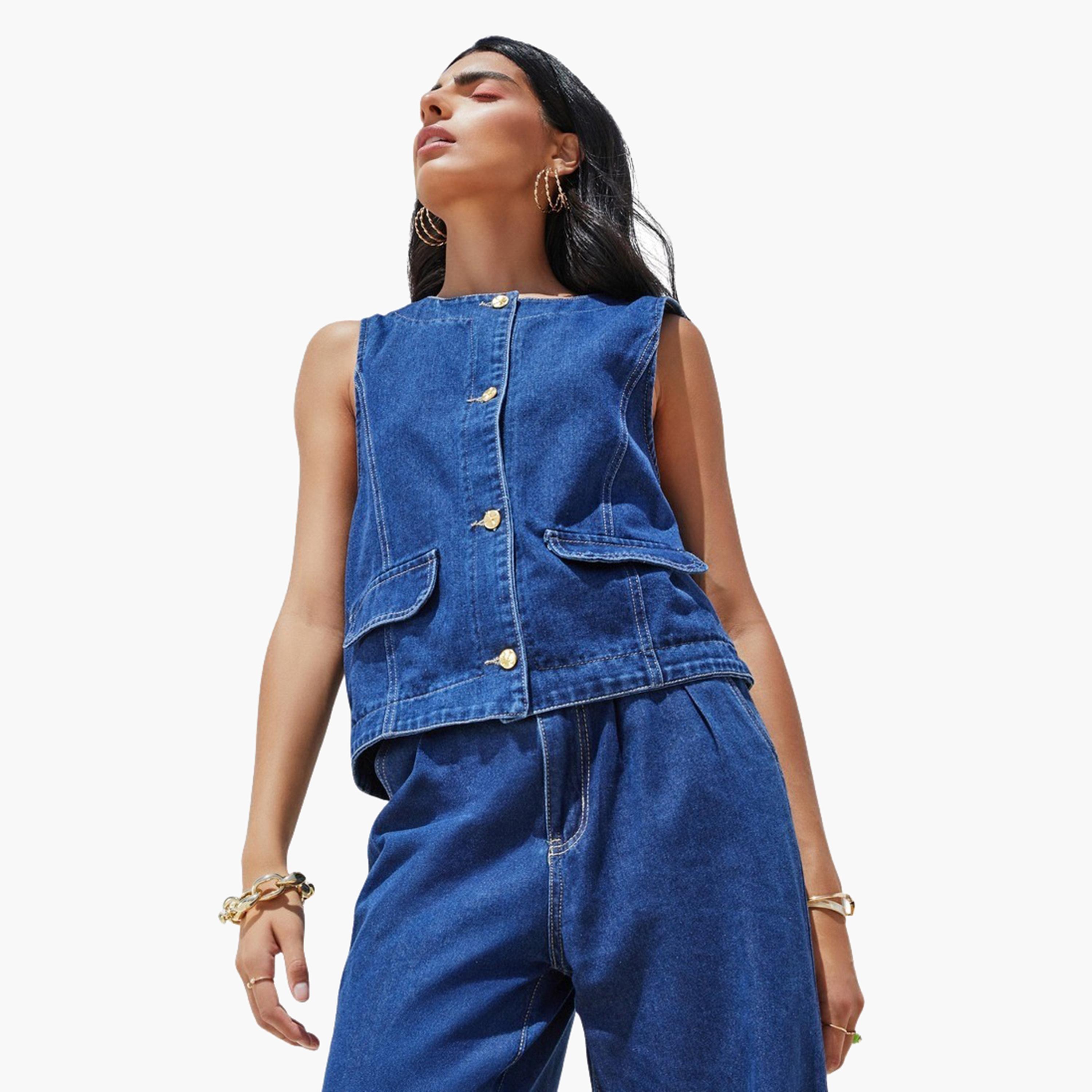 Styli Denim Waistcoat with Pocket Detail-women-clothing-coatsandjackets-waistcoats-image-5