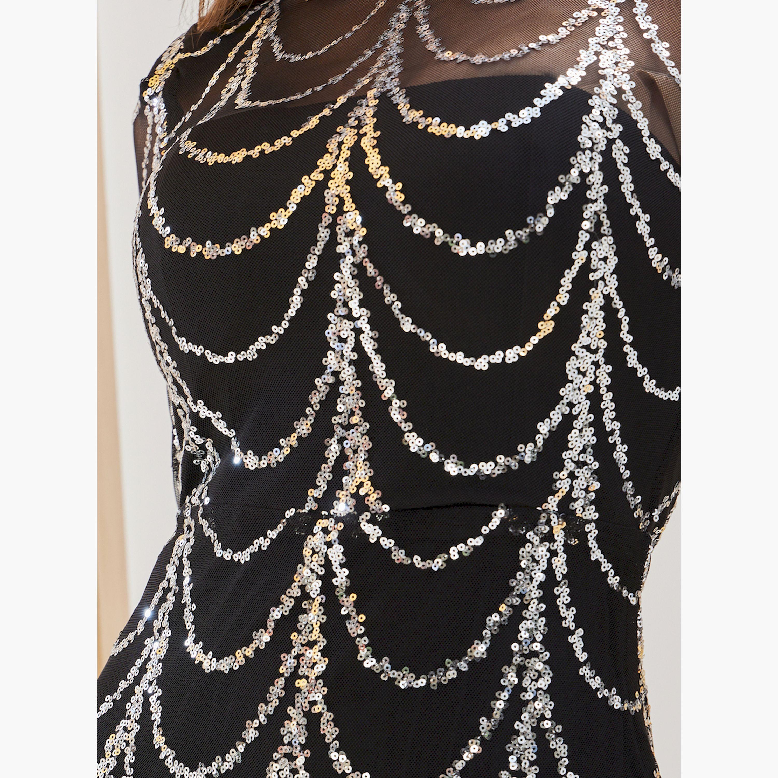 ستايلي -  فستان ماكسي ضيق بأكمام طويلة ومزين بالترتر-women-clothing-dresses-image-4