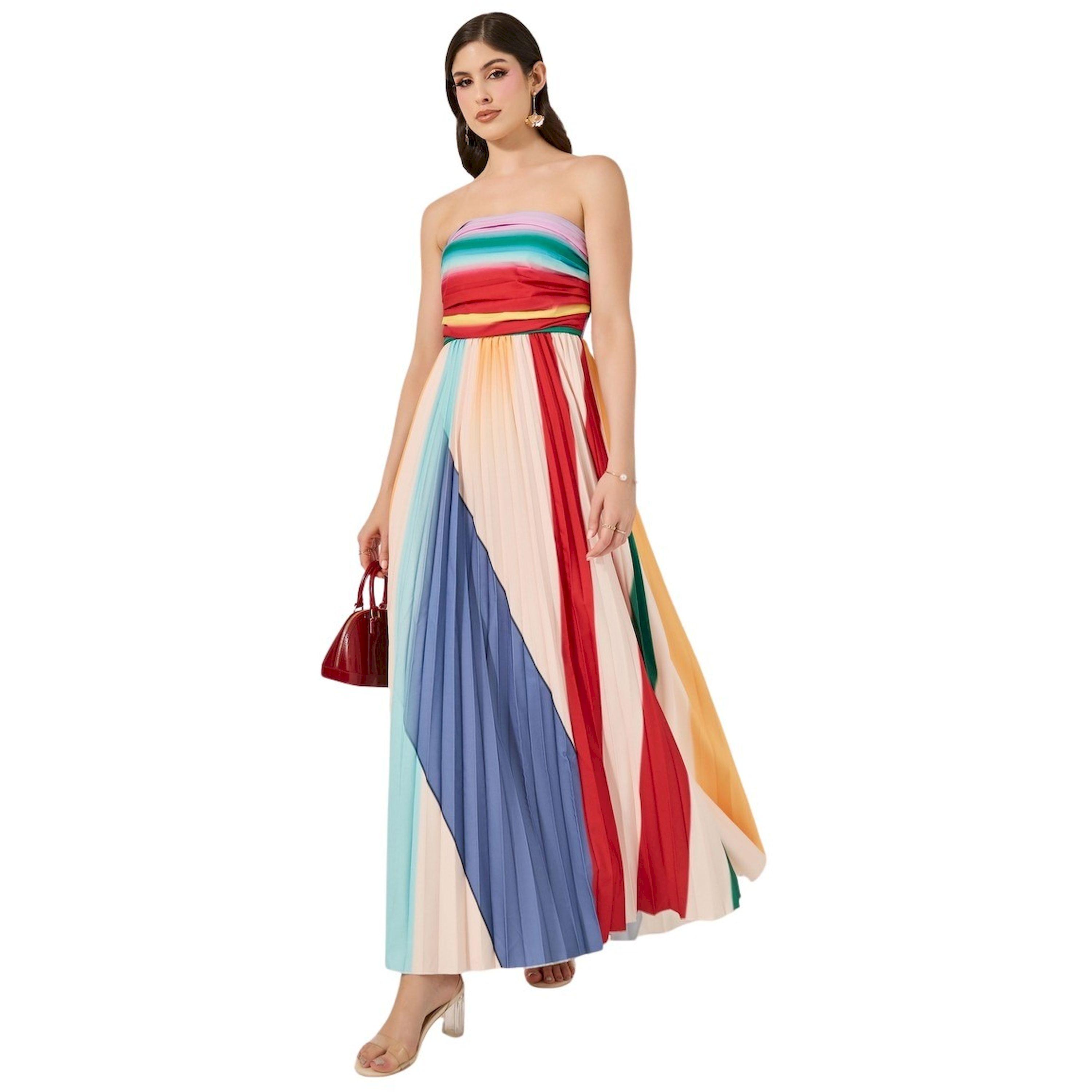 ستايلي - فستان ماكسي بدون حمالات بقصة A وكسرات وألوان متباينة-women-clothing-dresses-image-1
