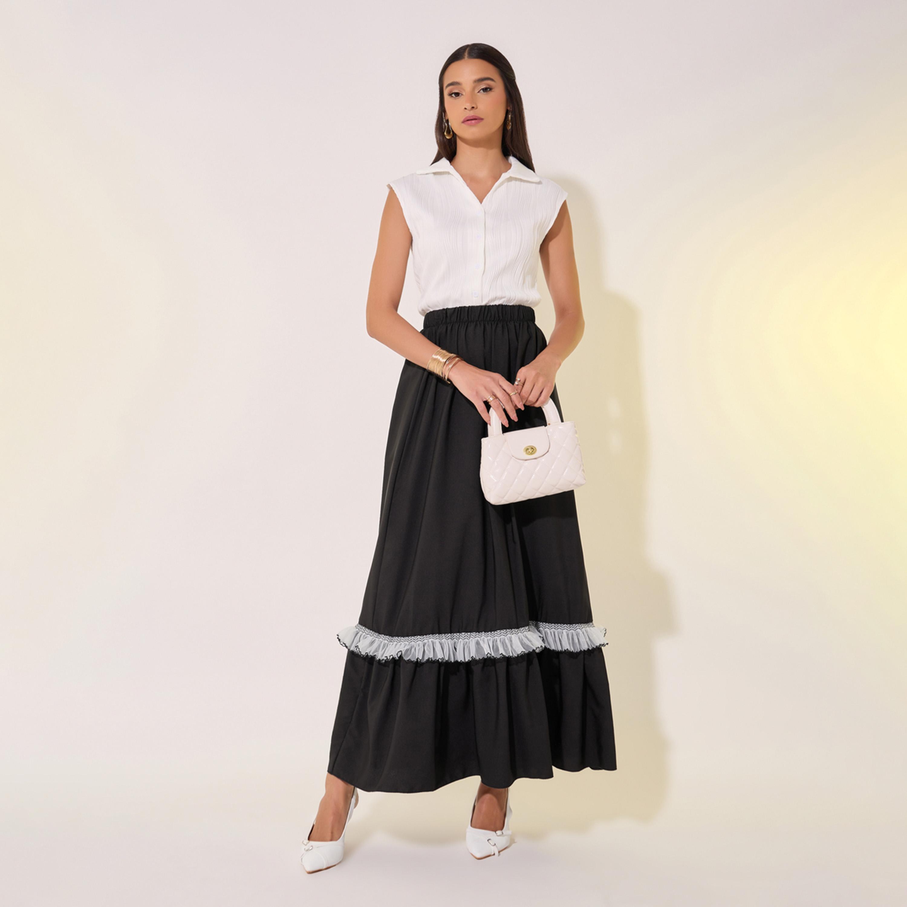 Styli Solid Ruffled Hem Lace Insert A-Line Maxi Skirt-women-clothing-bottoms-skirts-image-1