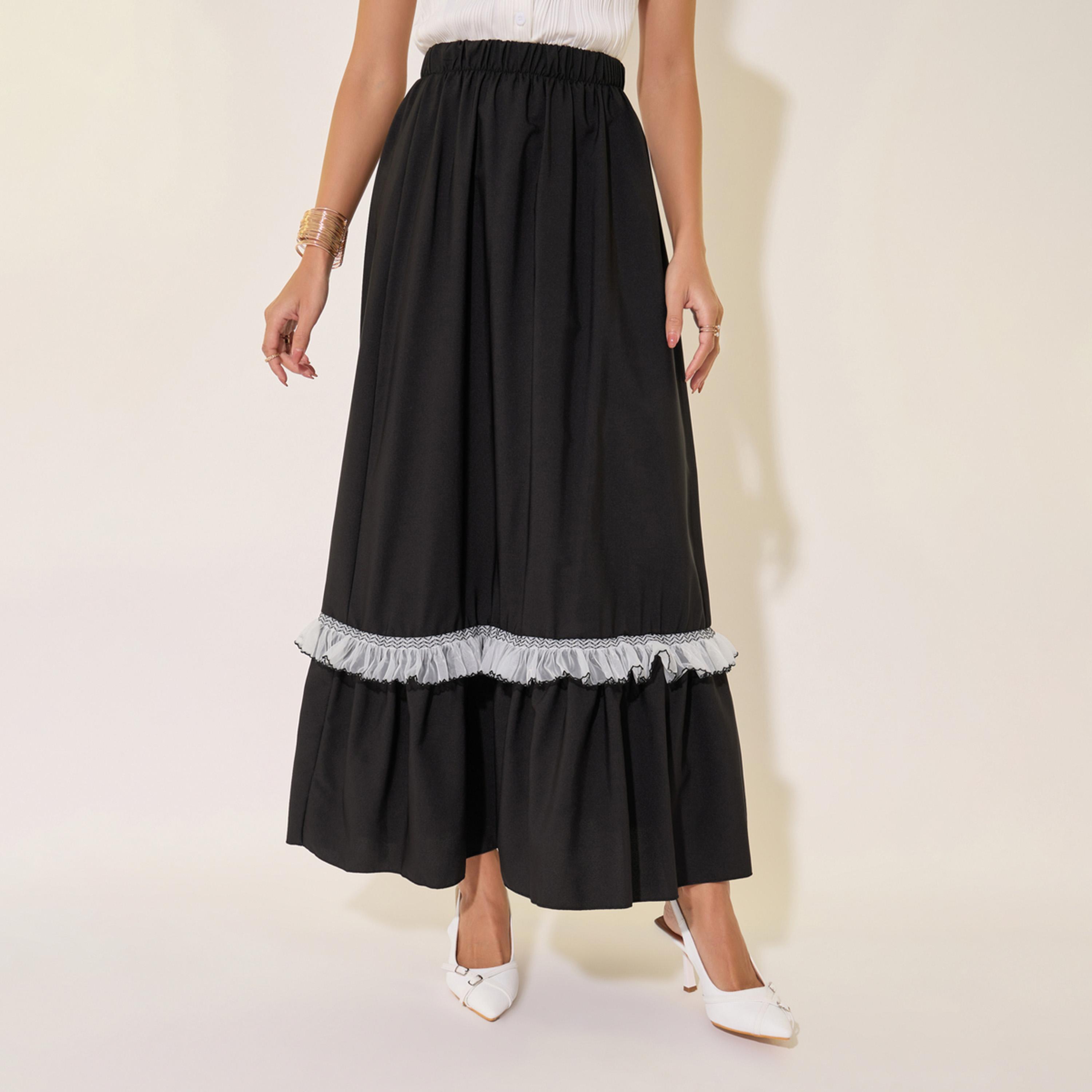Styli Solid Ruffled Hem Lace Insert A-Line Maxi Skirt-women-clothing-bottoms-skirts-image-2