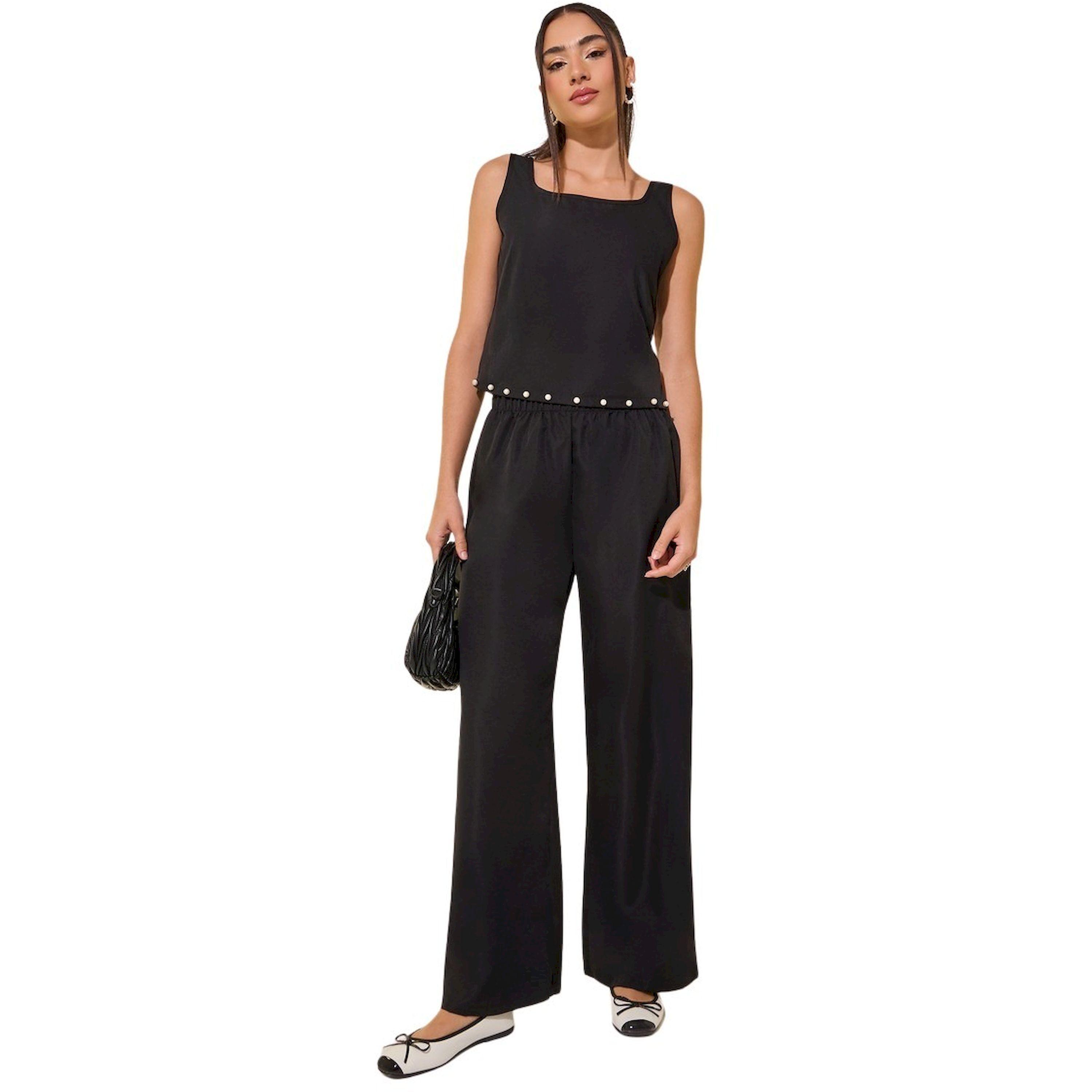 ستايلي -  طقم ملابس داخلية وبنطال نسائي أسود سادة مع تفاصيل لؤلؤ صناعي-women-clothing-coordsets-image-2