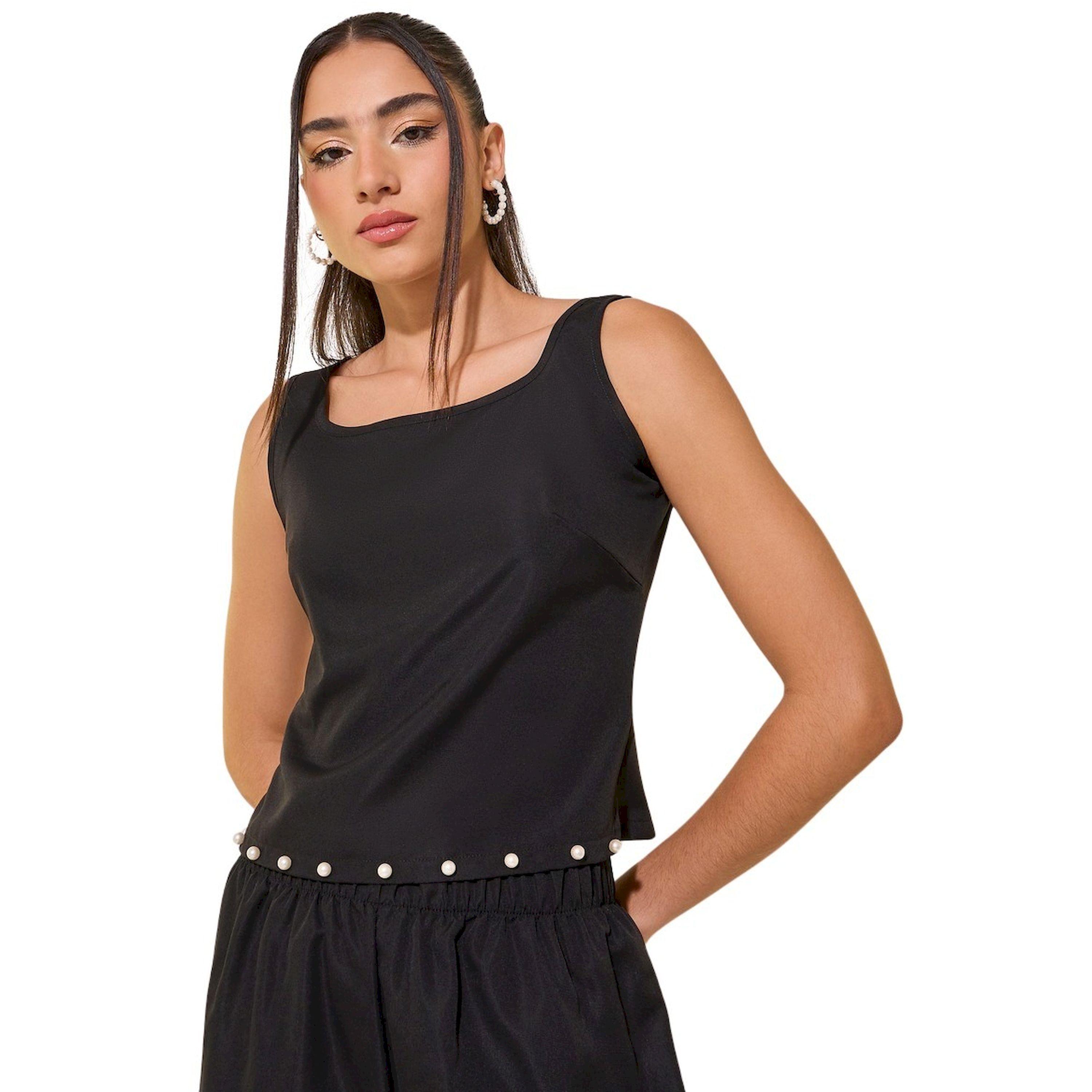ستايلي -  طقم ملابس داخلية وبنطال نسائي أسود سادة مع تفاصيل لؤلؤ صناعي-women-clothing-coordsets-image-3