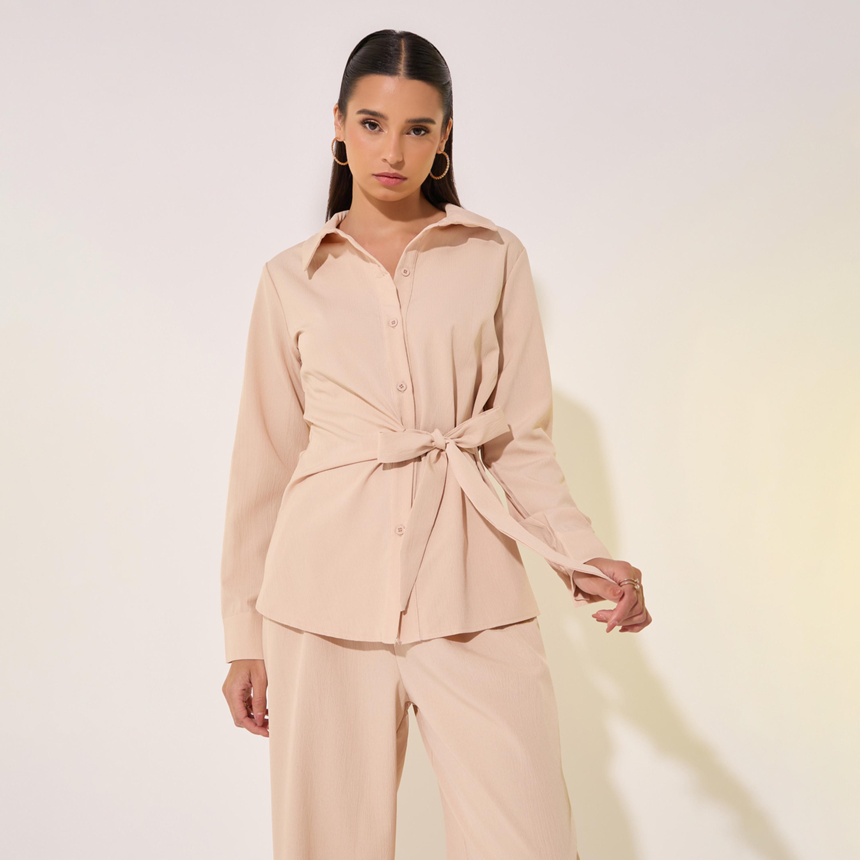 Styli Solid Wrap Buttoned Top With Tie-Up And Pants Co-Ords-women-clothing-coordsets-image-2