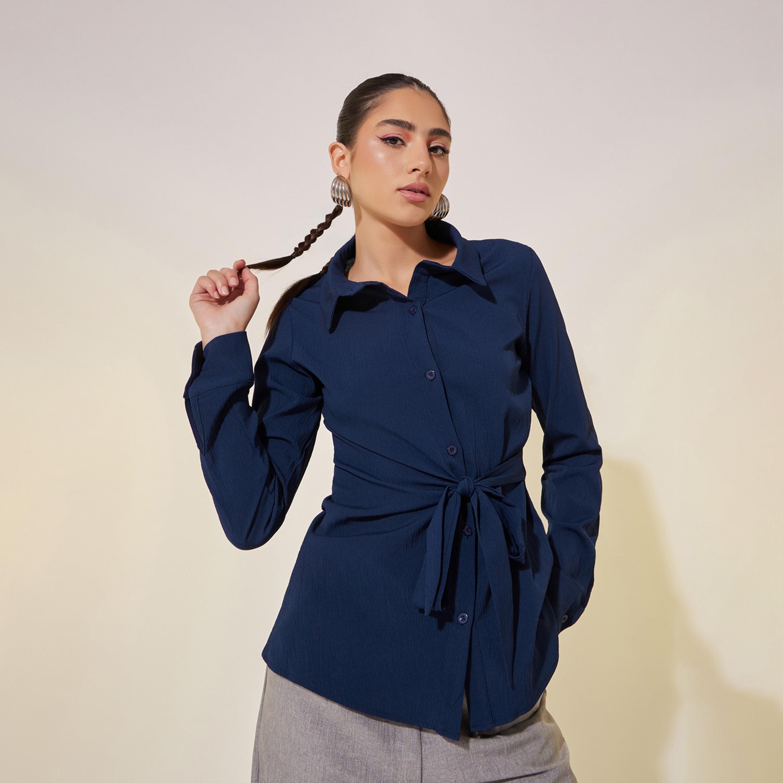 Styli Solid Long Sleeve Collared Wrap Top-women-clothing-shirtsandblouses-blouses-image-1