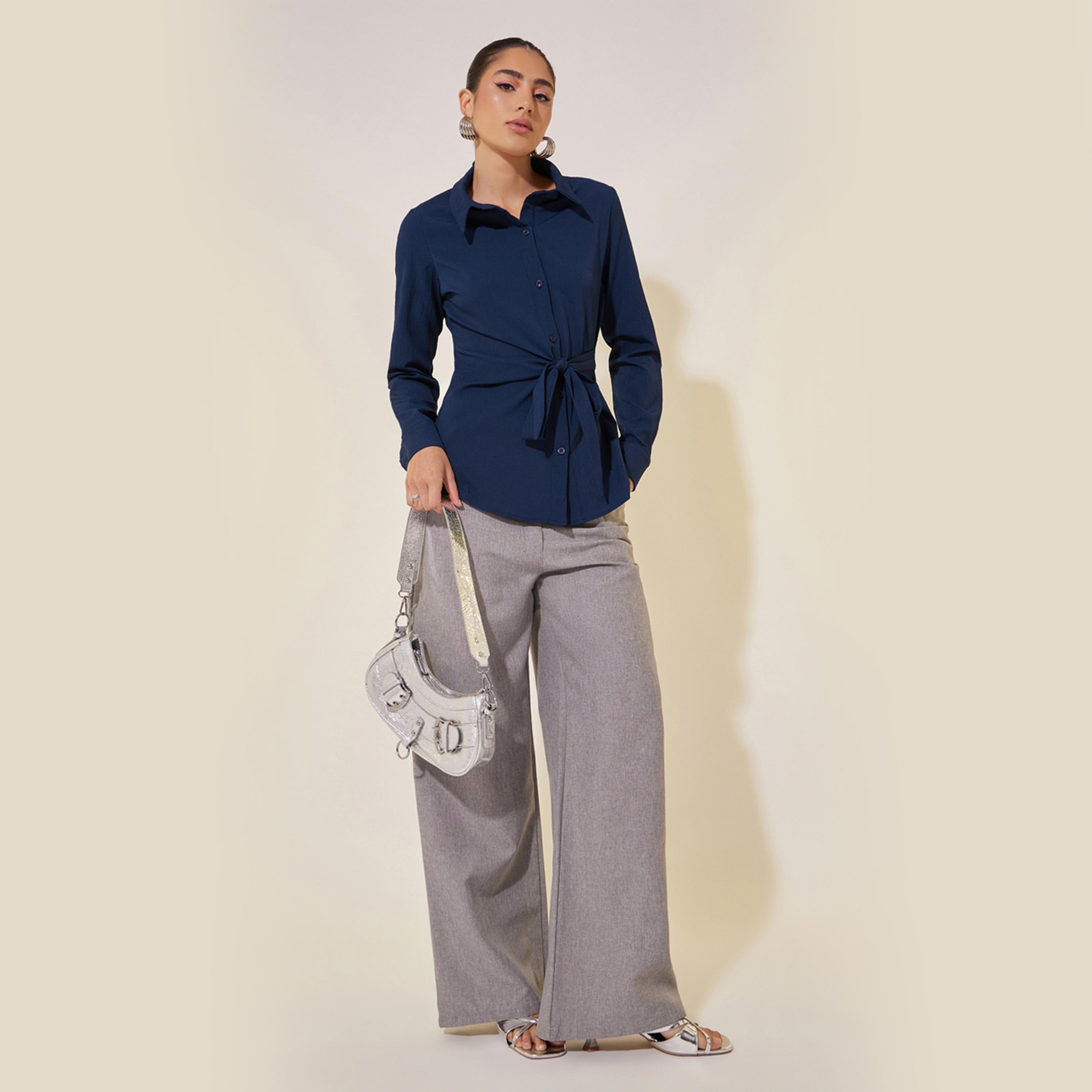 Styli Solid Long Sleeve Collared Wrap Top-women-clothing-shirtsandblouses-blouses-image-2