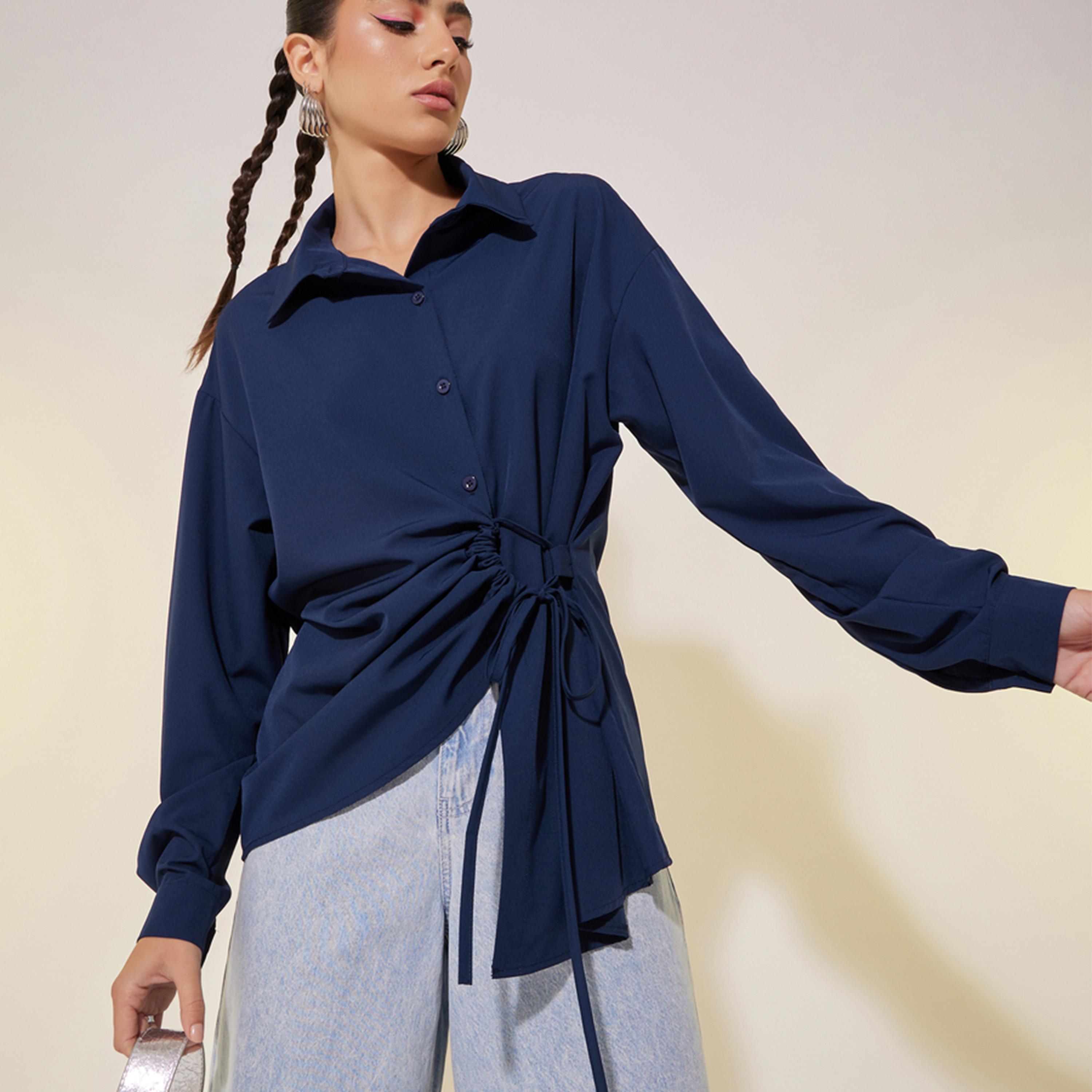 Styli Solid Long Sleeve Wrap Top with Ruched-women-clothing-shirtsandblouses-blouses-image-1