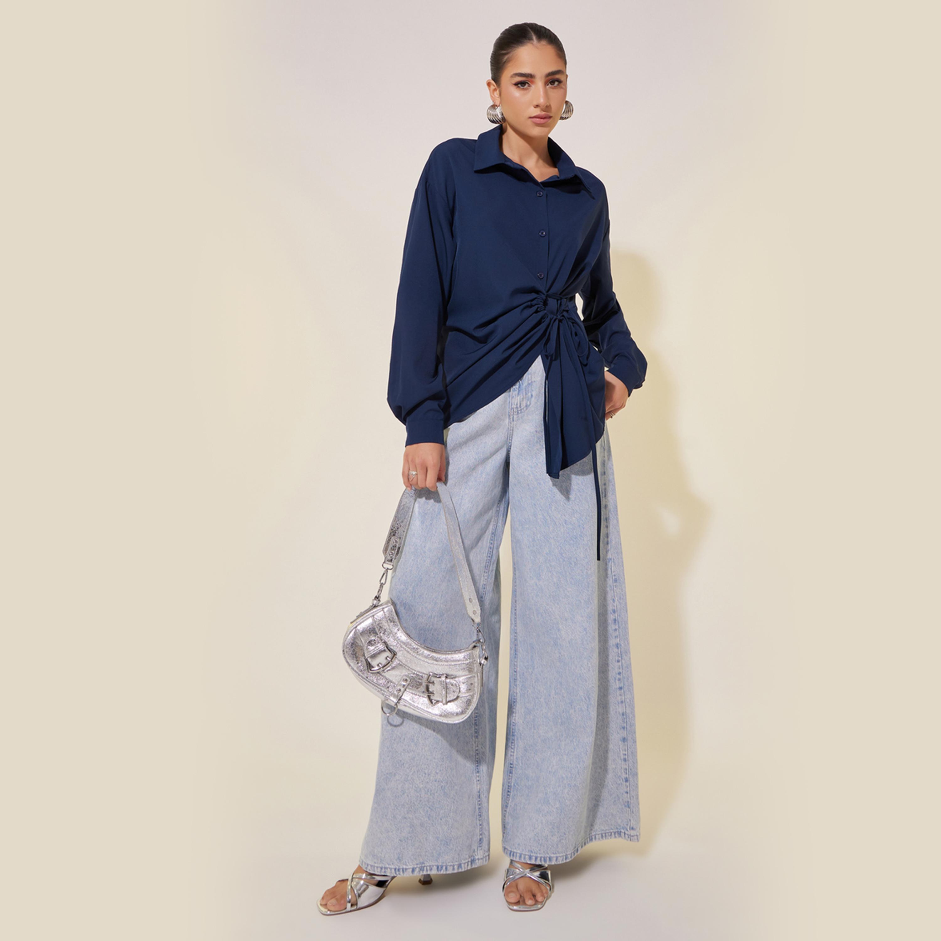Styli Solid Long Sleeve Wrap Top with Ruched-women-clothing-shirtsandblouses-blouses-image-2