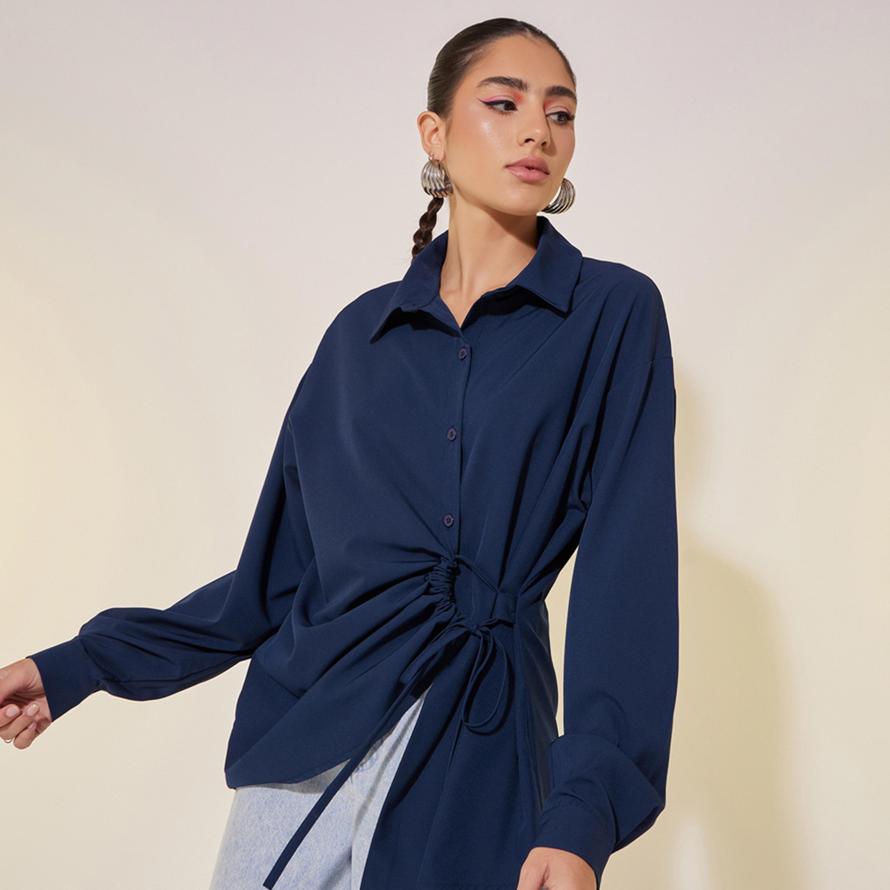Styli Solid Long Sleeve Wrap Top with Ruched-women-clothing-shirtsandblouses-blouses-image-3