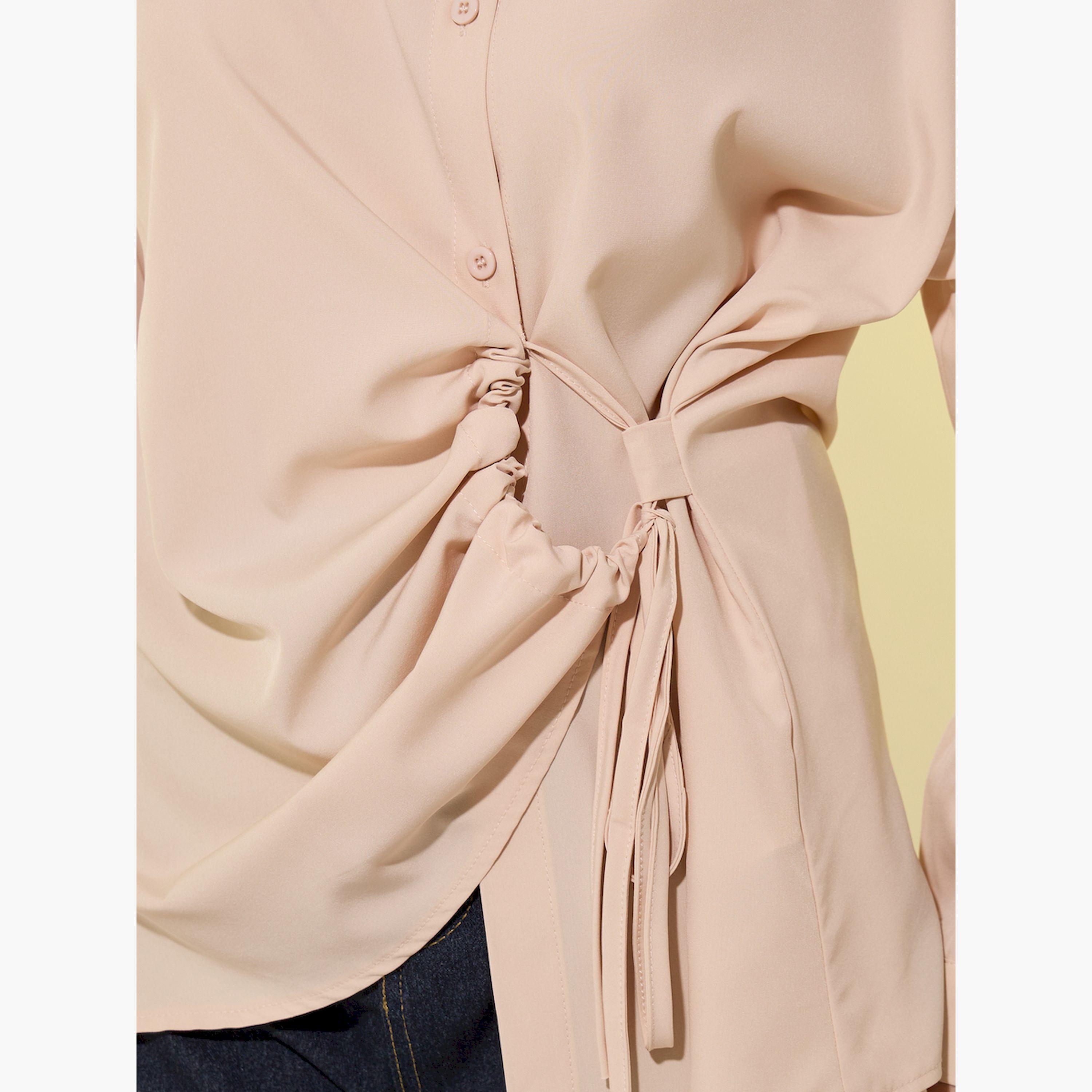 Styli Beige Solid Long Sleeve Wrap Shirt-women-clothing-shirtsandblouses-blouses-image-3