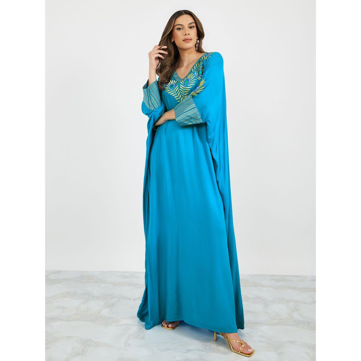 Maxim Creation X Styli Embroidered Batwing Sleeve Jalabiya with V Neck-women-arabicclothing-jalabiyas-image-2