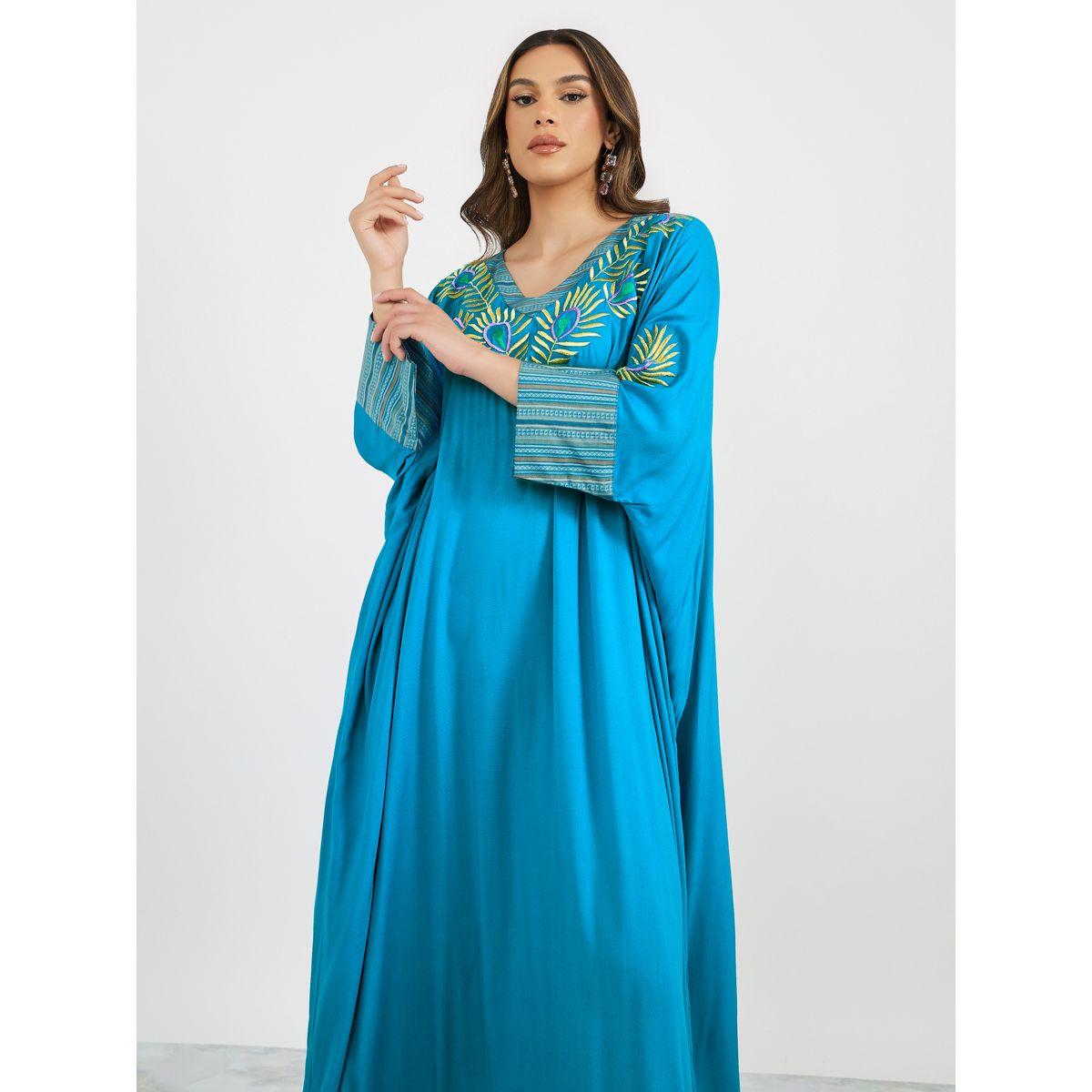 Maxim Creation X Styli Embroidered Batwing Sleeve Jalabiya with V Neck-women-arabicclothing-jalabiyas-image-3