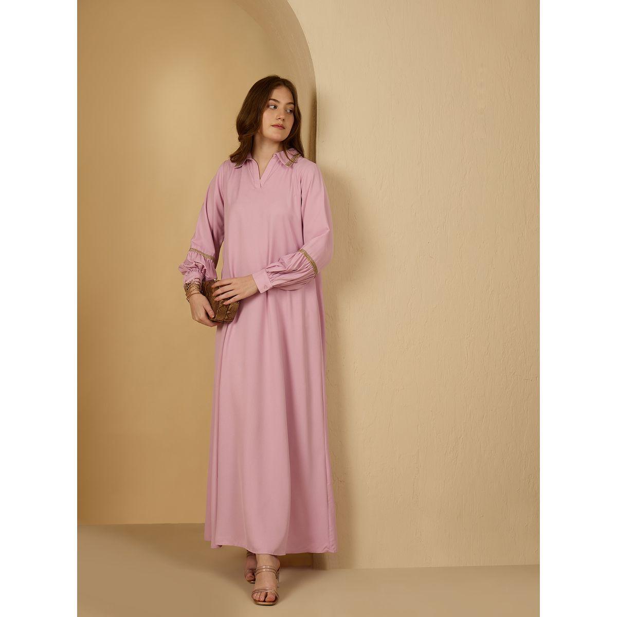 Amirah X Styli Lace Trim Collared Jalabiya-women-arabicclothing-jalabiyas-image-1