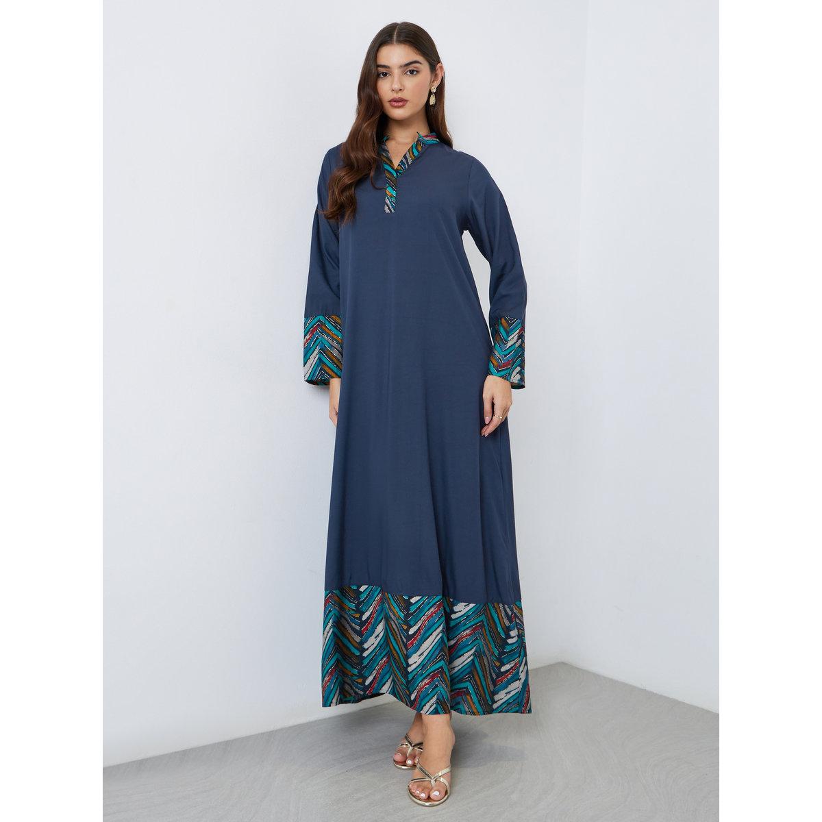 Styli Navy Blue Printed Panel Maxi Jalabiya-women-arabicclothing-jalabiyas-image-1