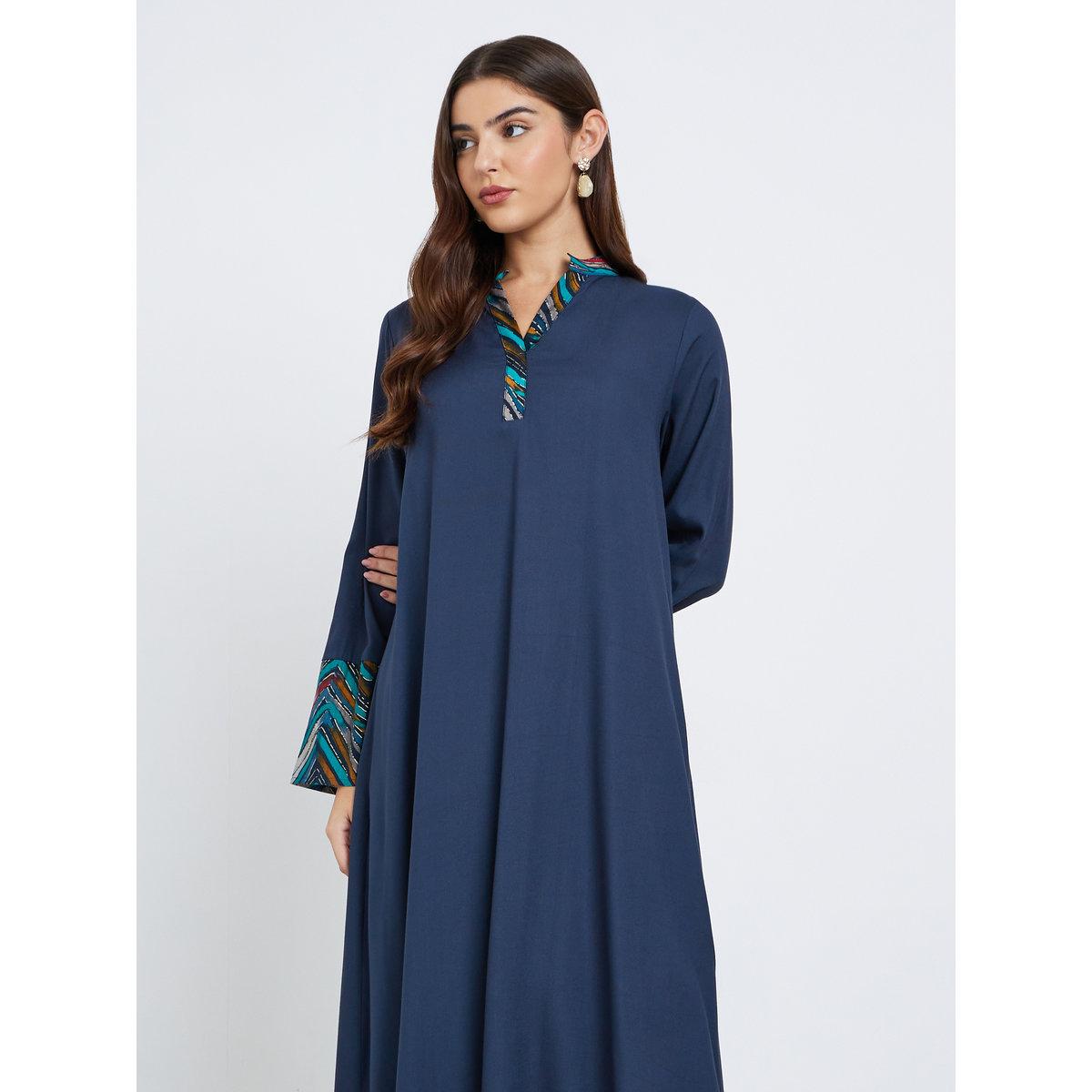Styli Navy Blue Printed Panel Maxi Jalabiya-women-arabicclothing-jalabiyas-image-2