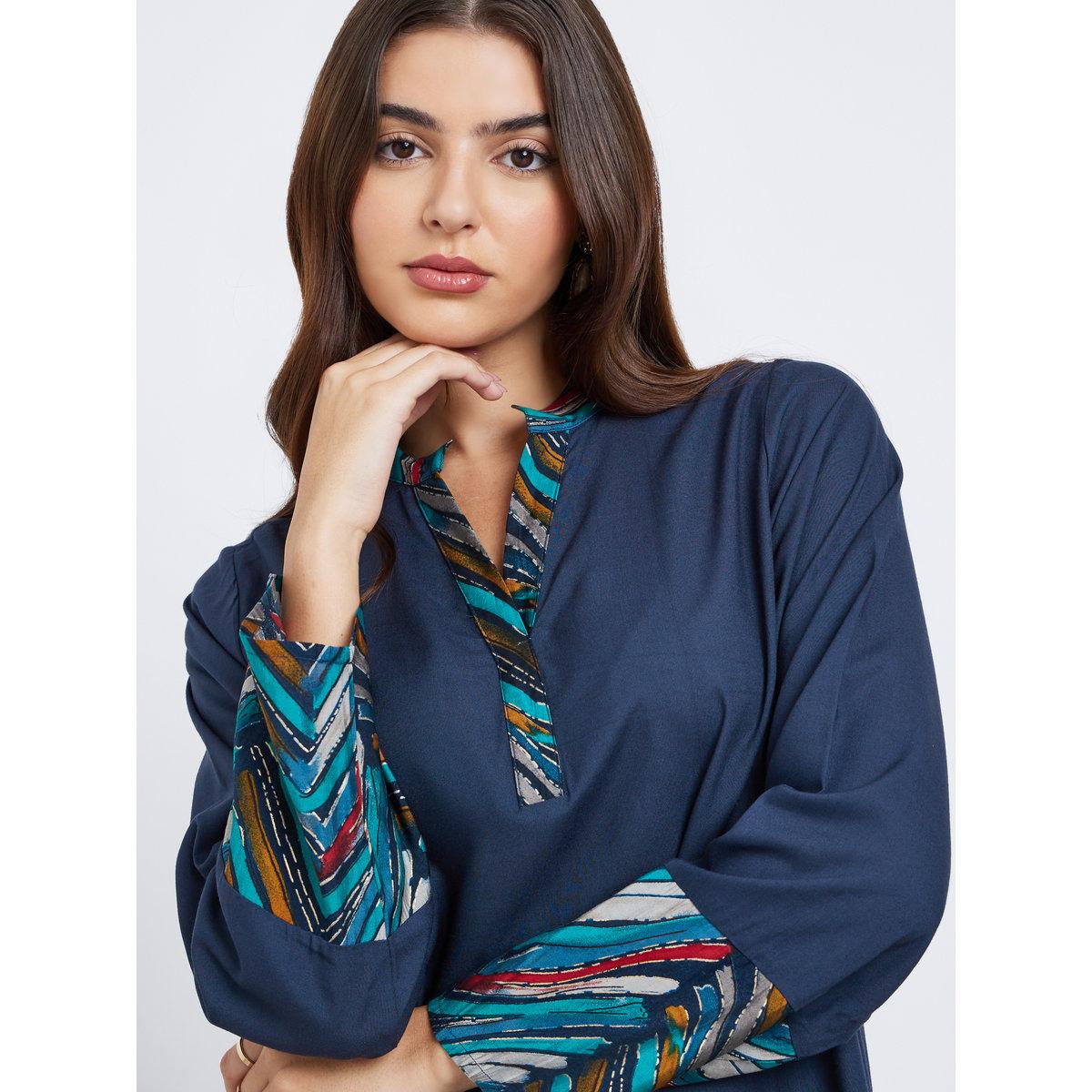 Styli Navy Blue Printed Panel Maxi Jalabiya-women-arabicclothing-jalabiyas-image-3