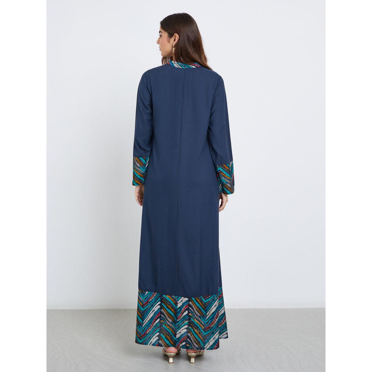 Styli Navy Blue Printed Panel Maxi Jalabiya-women-arabicclothing-jalabiyas-image-4