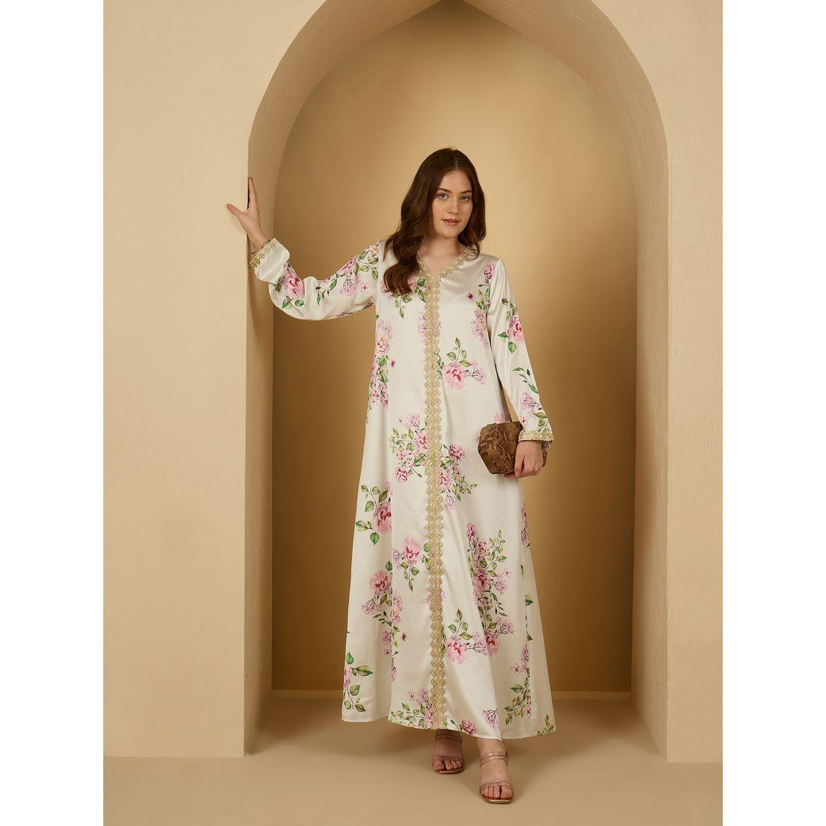 أميرة x ستايلي جلابية ساتان بطبعة زهور مع تداخلات دانتيل-women-arabicclothing-jalabiyas-image-1