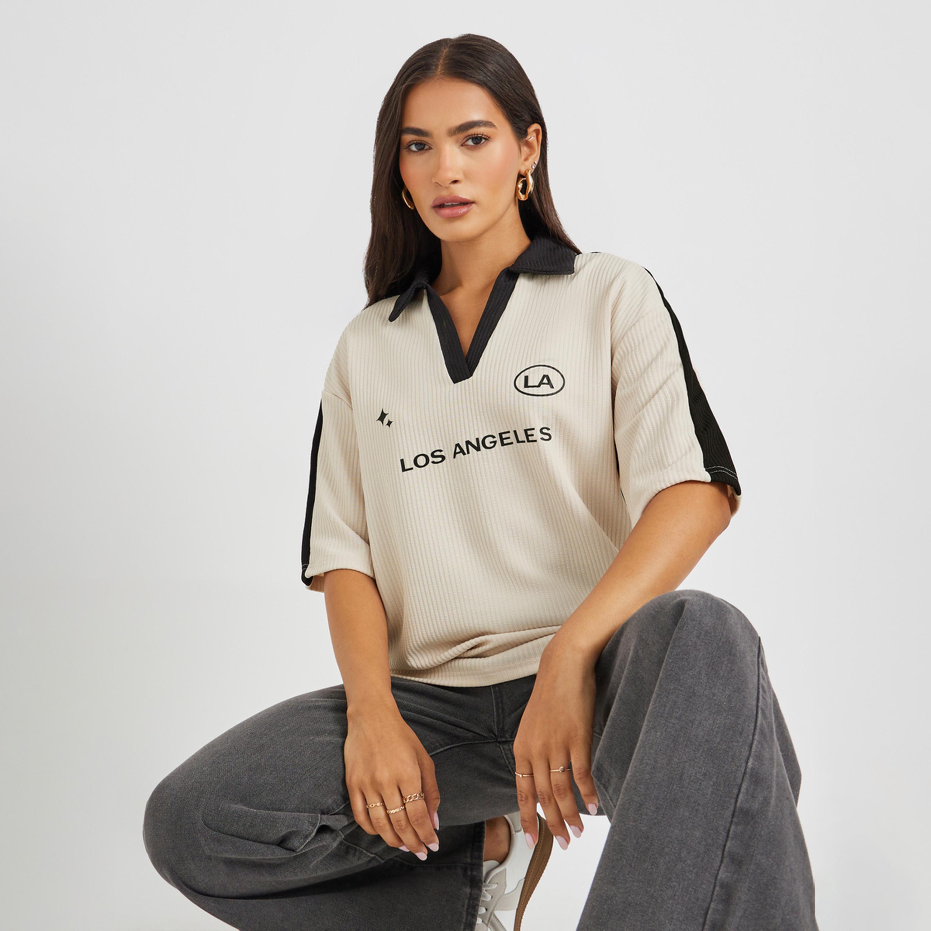 Styli Slogan Print Short Sleeve Collared Oversized T-Shirt-women-clothing-tshirts-image-1