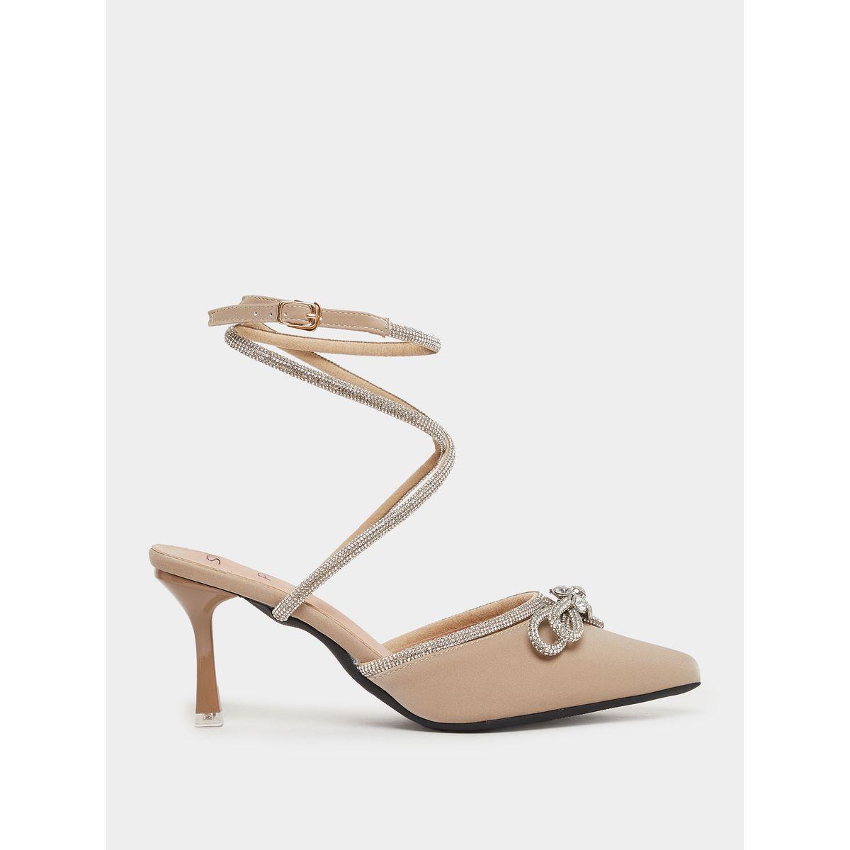 Sneak-a-Peek Beige Rhinestone Embellished Pointed Toe Ankle Strap Pumps-women-shoes-heels-image-2