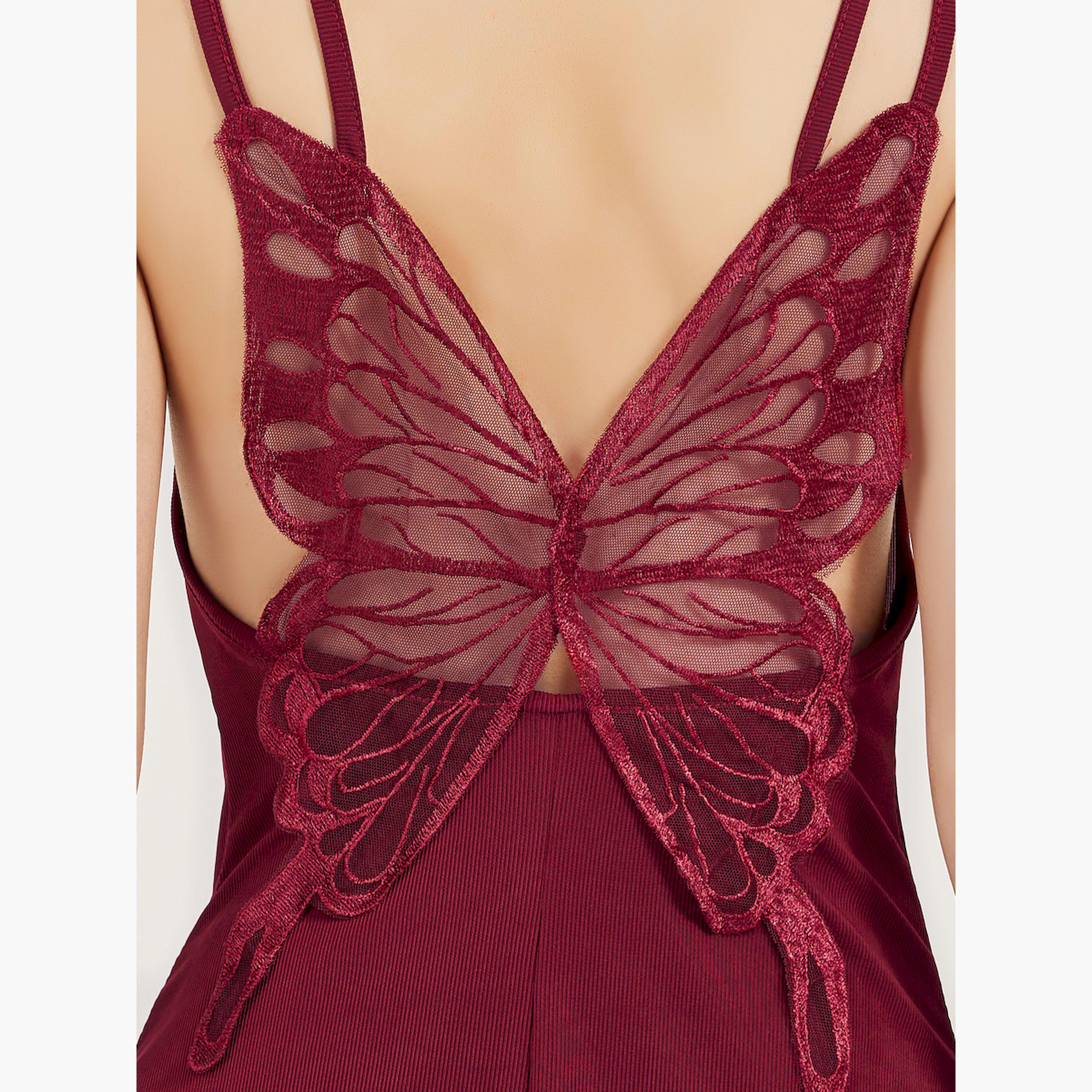 ستايلي - طقم بنطال بيجامة مع بلوزة بتفاصيل ظهر الفراشة ورقبة متدلية-women-clothing-nightwear-pyjamas-longsets-image-3