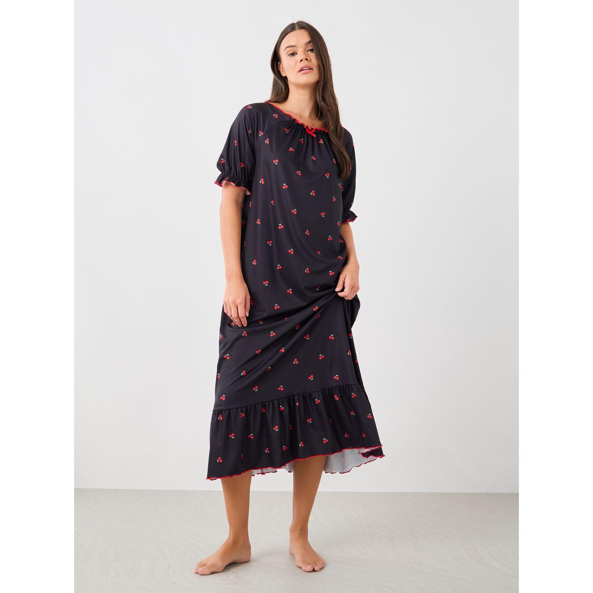 Styli Cherry Print Ruffle Edge Sleeves Nightdress with Gathered Neck-women-clothing-nightwear-nighties-image-1