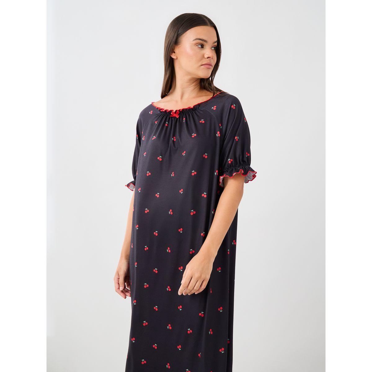 Styli Cherry Print Ruffle Edge Sleeves Nightdress with Gathered Neck-women-clothing-nightwear-nighties-image-2