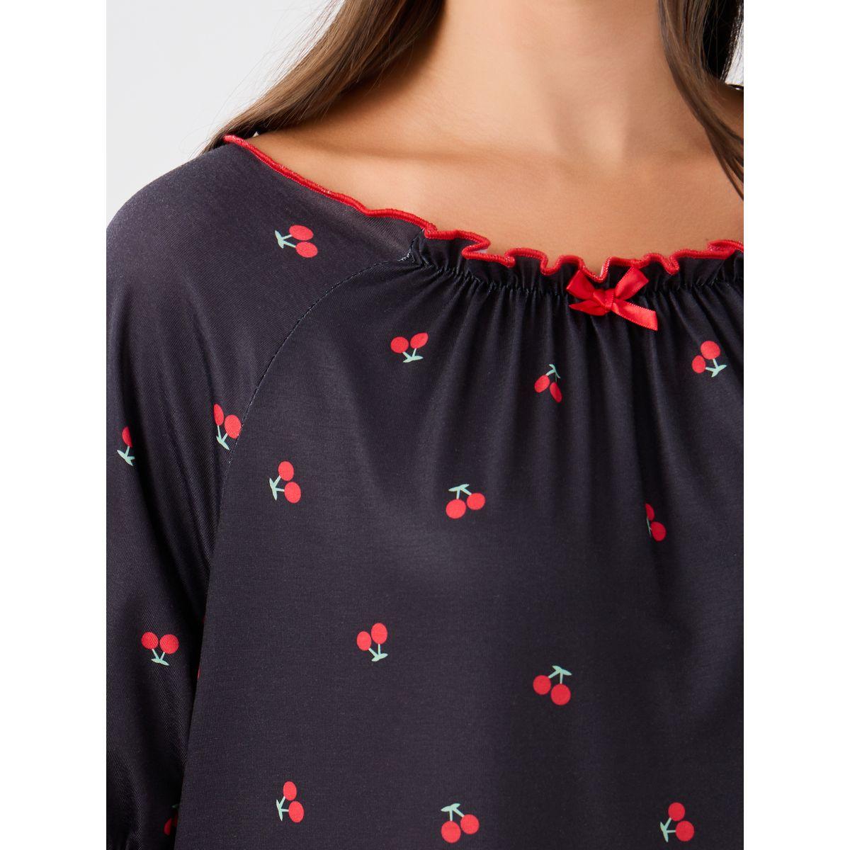 Styli Cherry Print Ruffle Edge Sleeves Nightdress with Gathered Neck-women-clothing-nightwear-nighties-image-3