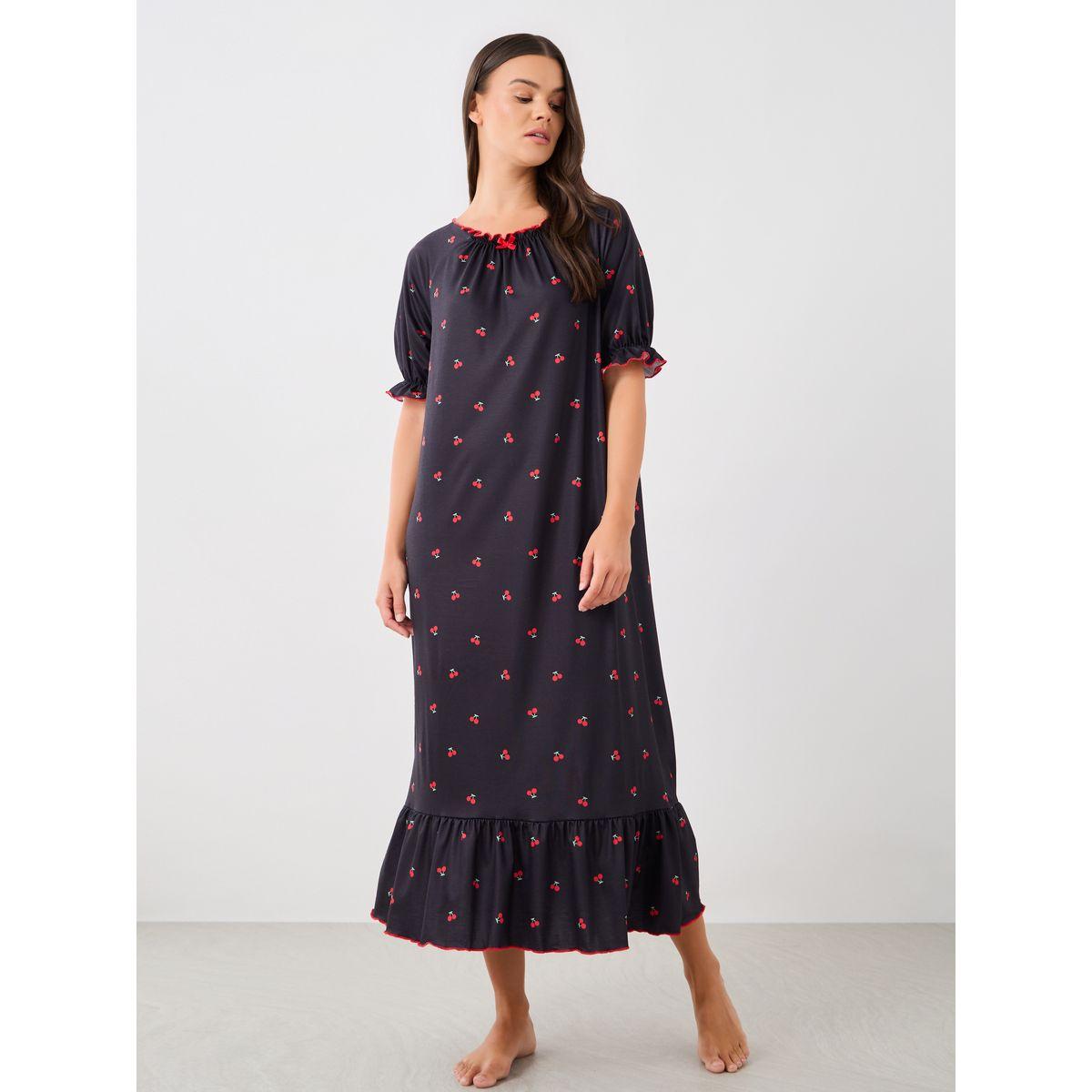 Styli Cherry Print Ruffle Edge Sleeves Nightdress with Gathered Neck-women-clothing-nightwear-nighties-image-4