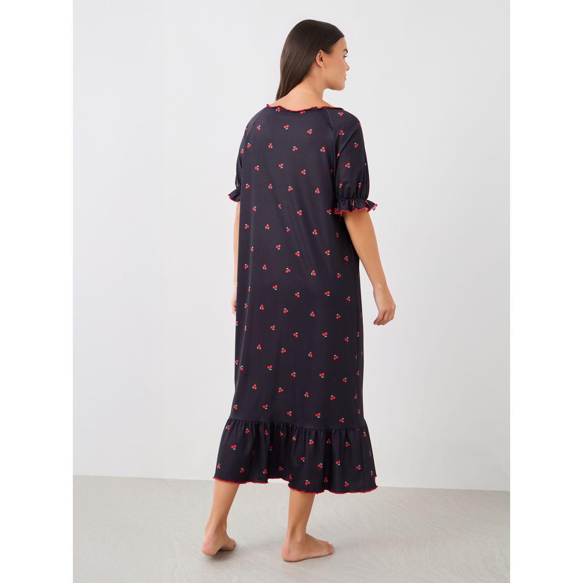 Styli Cherry Print Ruffle Edge Sleeves Nightdress with Gathered Neck-women-clothing-nightwear-nighties-image-5