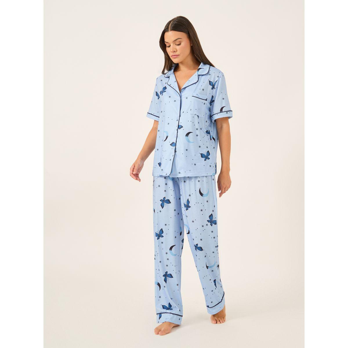 Styli Graphic Print Collared Shirt and Pyjama Set-women-clothing-nightwear-pyjamas-longsets-image-2