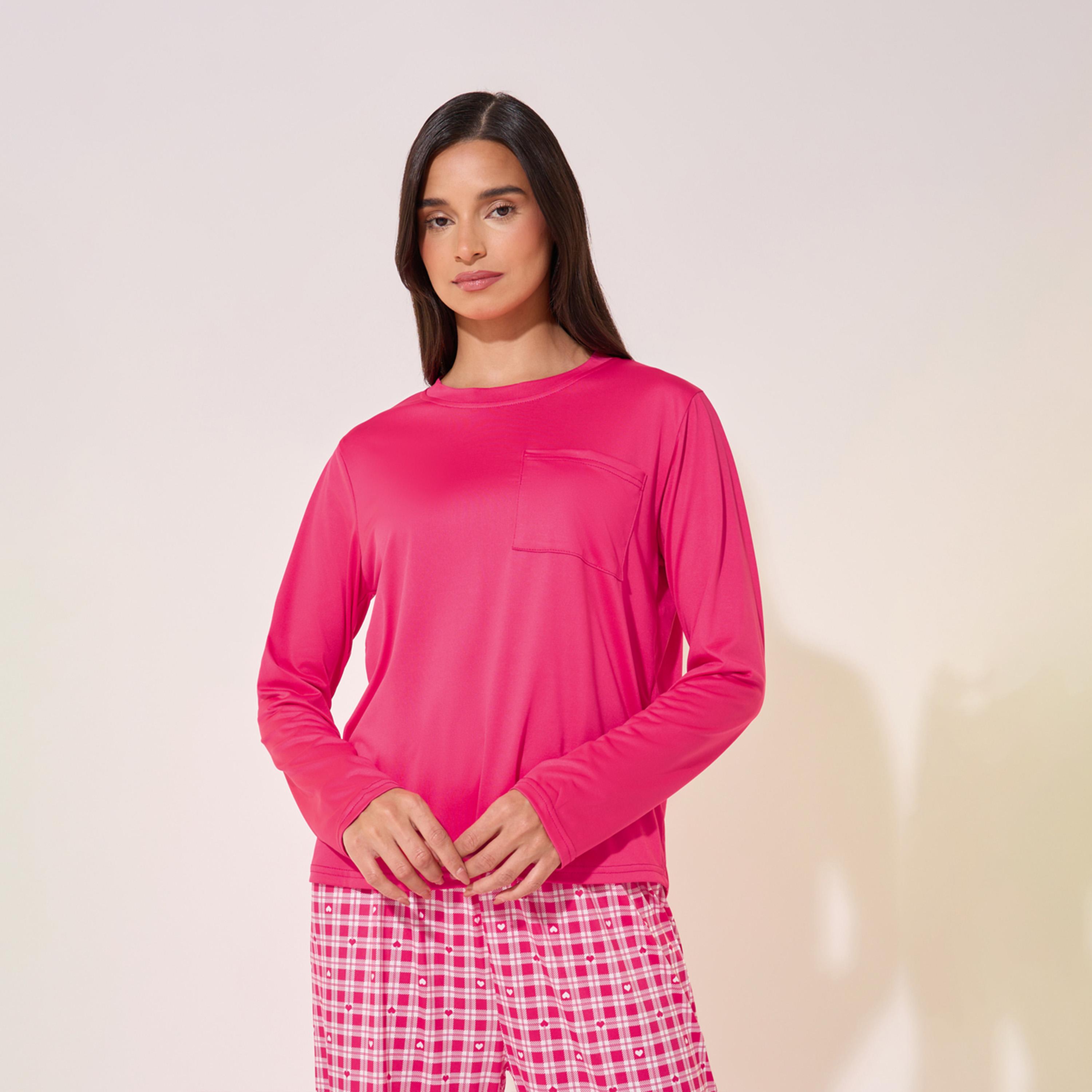 ستايلي - طقم تي شيرت بأكمام طويلة وياقة مستديرة مع بنطال بيجامة مربعات-women-clothing-nightwear-pyjamas-longsets-image-2