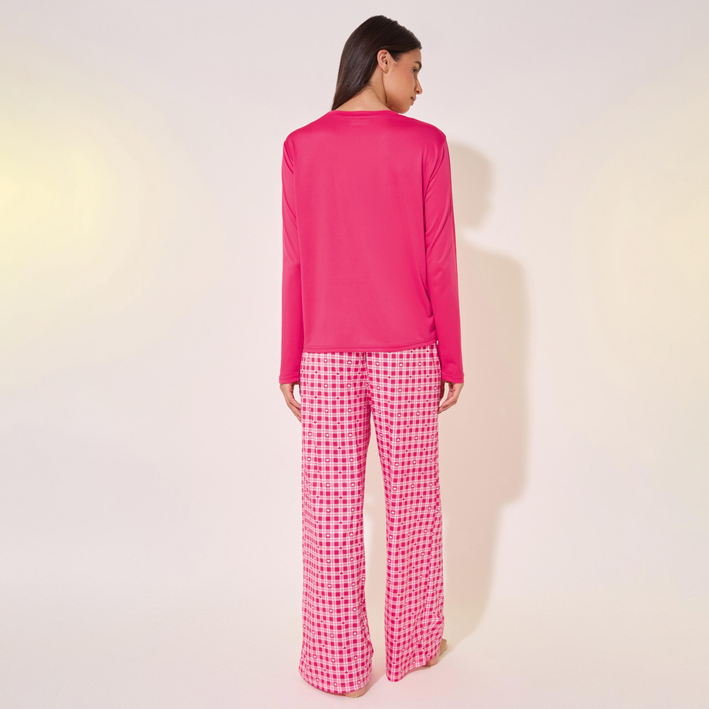 ستايلي - طقم تي شيرت بأكمام طويلة وياقة مستديرة مع بنطال بيجامة مربعات-women-clothing-nightwear-pyjamas-longsets-image-4