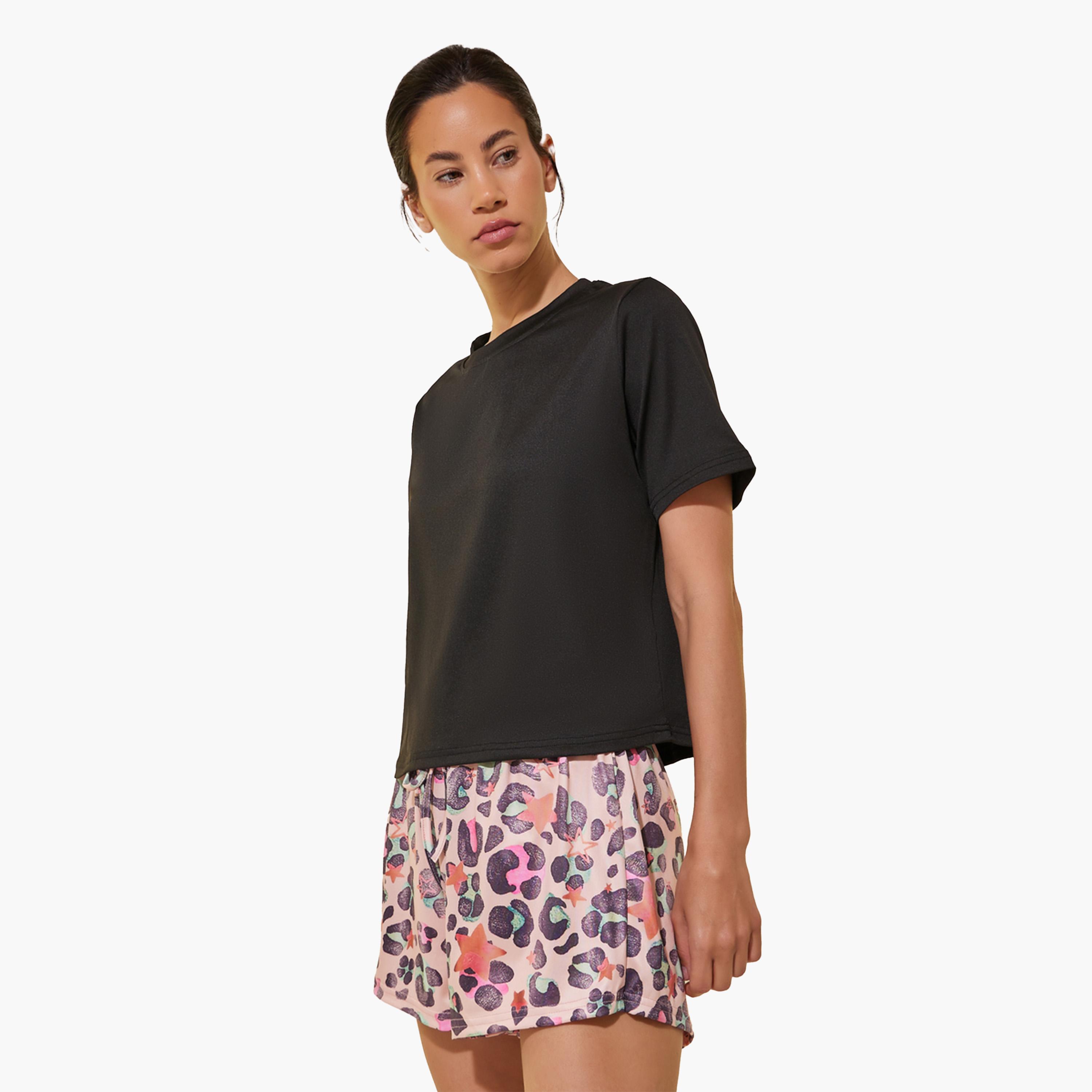 Styli Solid Short Sleeve T-Shirt and Printed Shorts-women-clothing-nightwear-pyjamas-shortsets-image-2