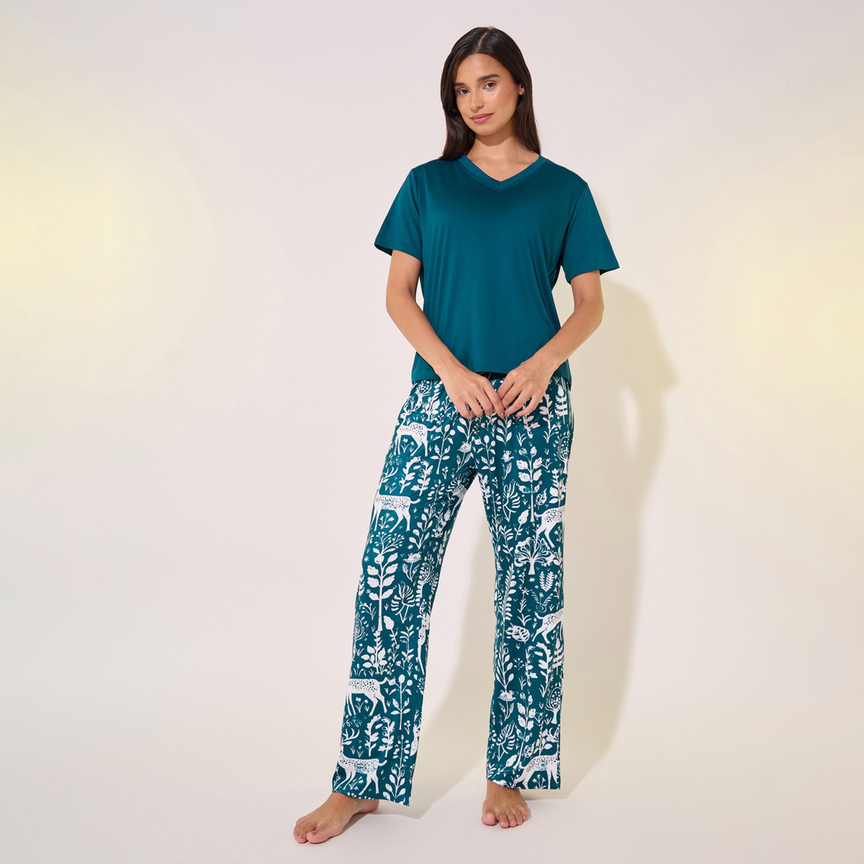 Styli V Neck Solid Tee And Printed Straight Leg Pants Pajama Sets-women-clothing-nightwear-pyjamas-longsets-image-1