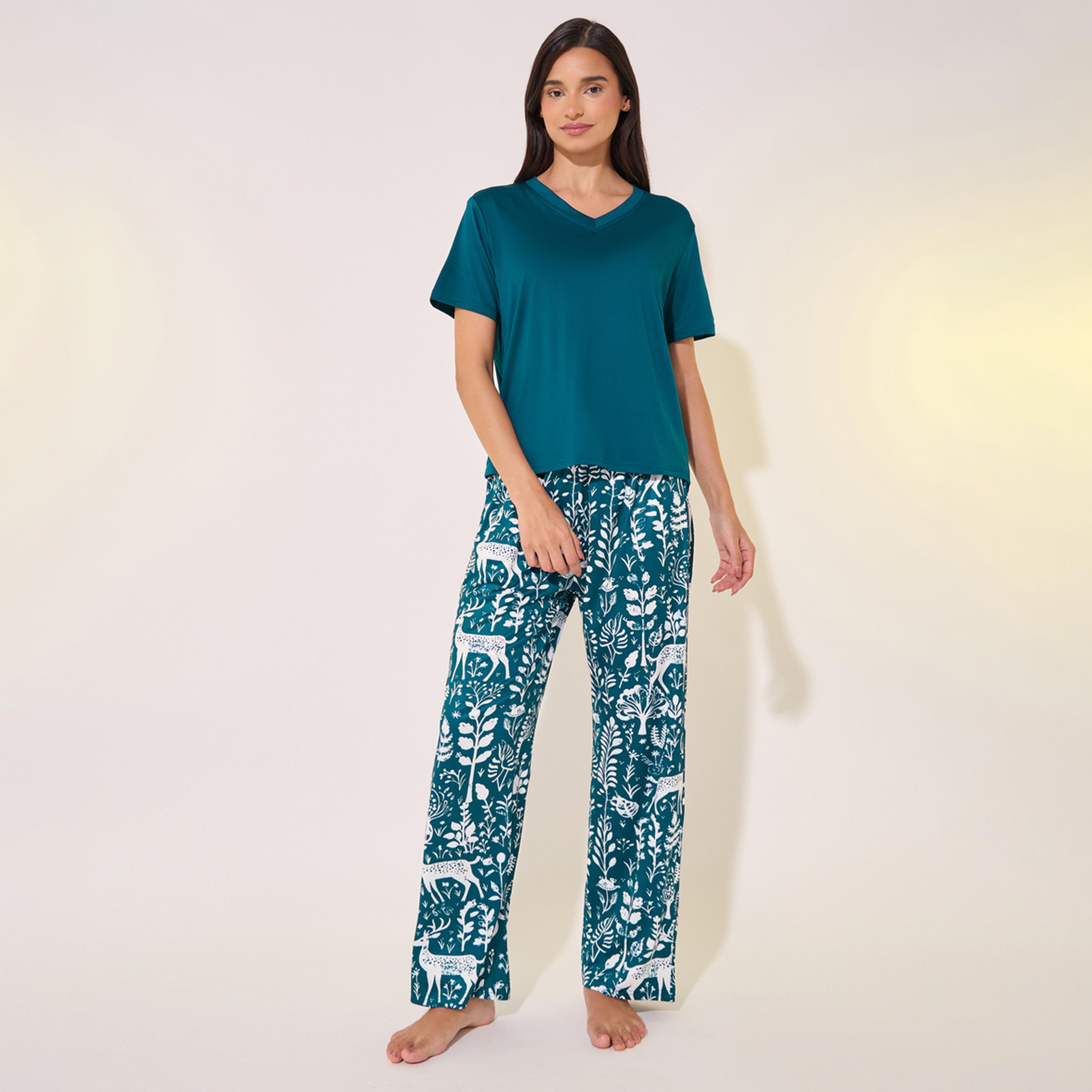 Styli V Neck Solid Tee And Printed Straight Leg Pants Pajama Sets-women-clothing-nightwear-pyjamas-longsets-image-2