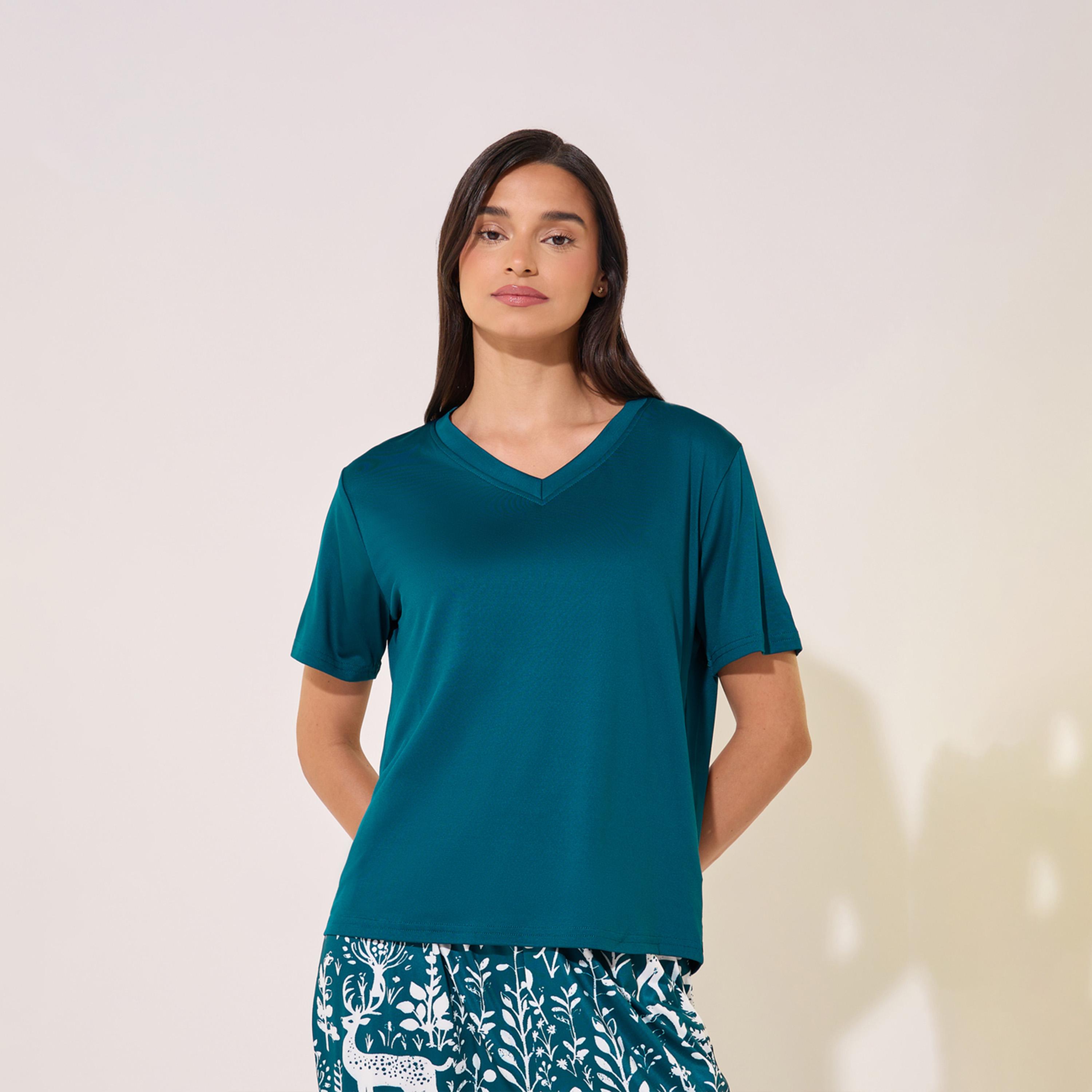 Styli V Neck Solid Tee And Printed Straight Leg Pants Pajama Sets-women-clothing-nightwear-pyjamas-longsets-image-3