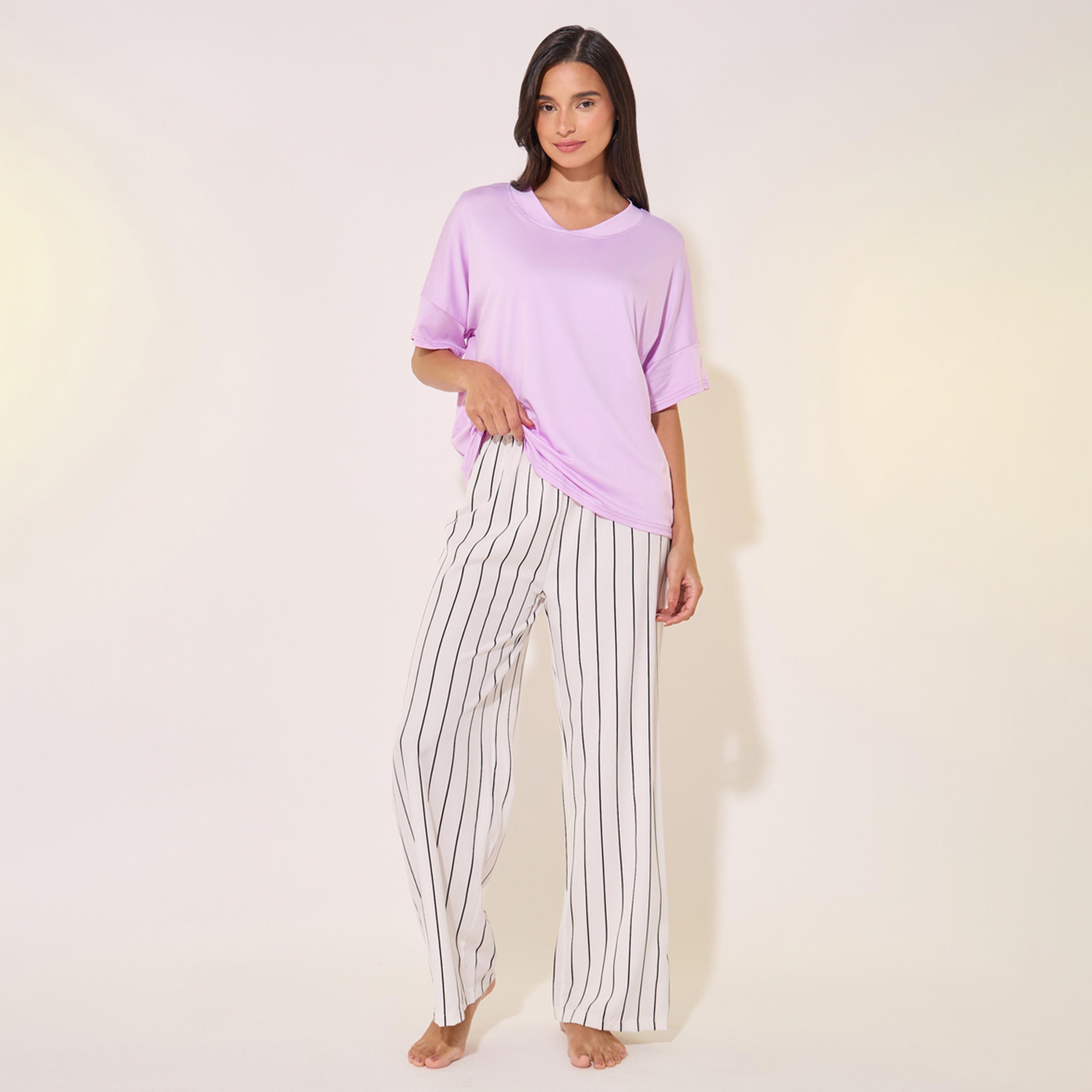 Styli Solid V-Neck T-Shirt and Striped Pyjama Set-women-clothing-nightwear-pyjamas-longsets-image-1