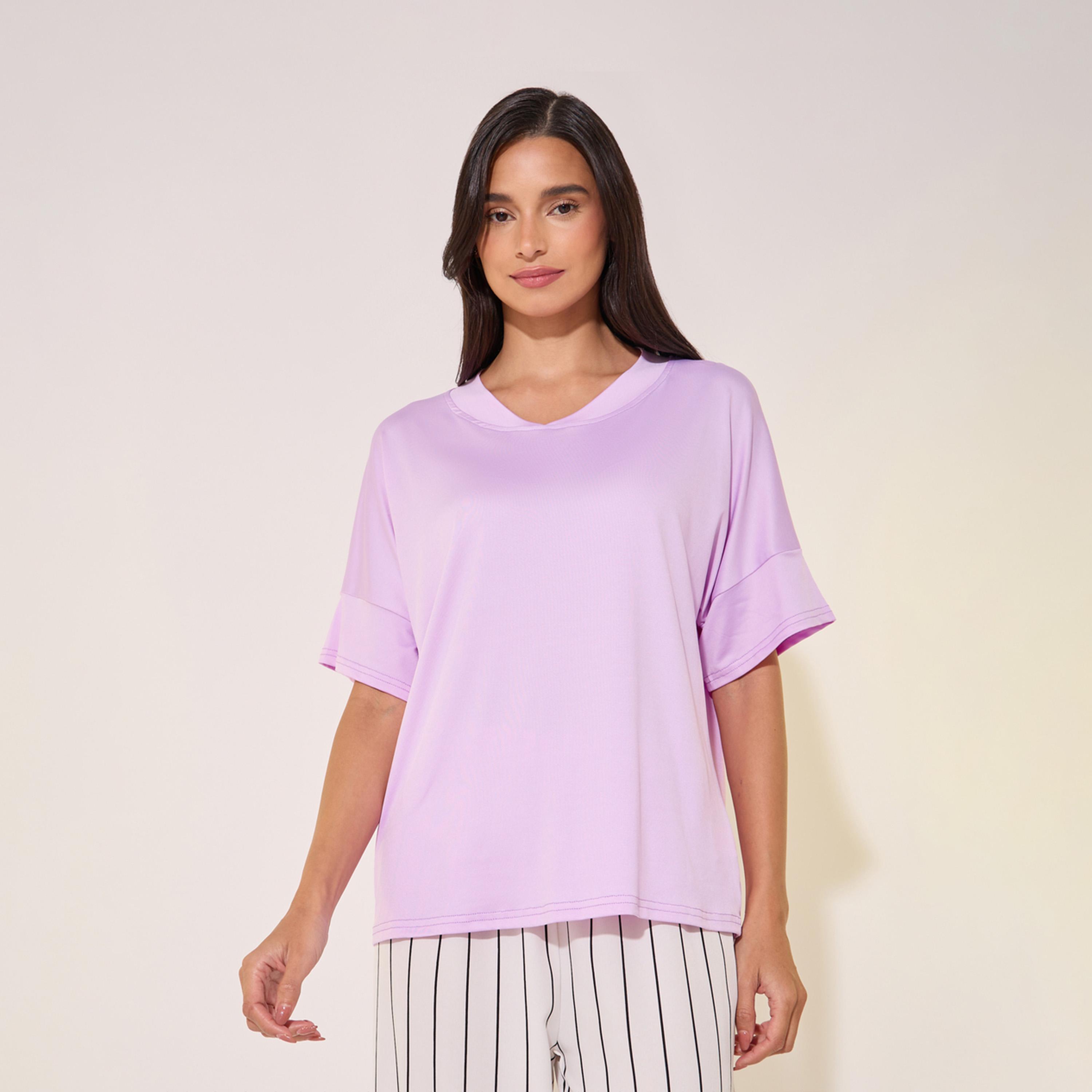 Styli Solid V-Neck T-Shirt and Striped Pyjama Set-women-clothing-nightwear-pyjamas-longsets-image-2